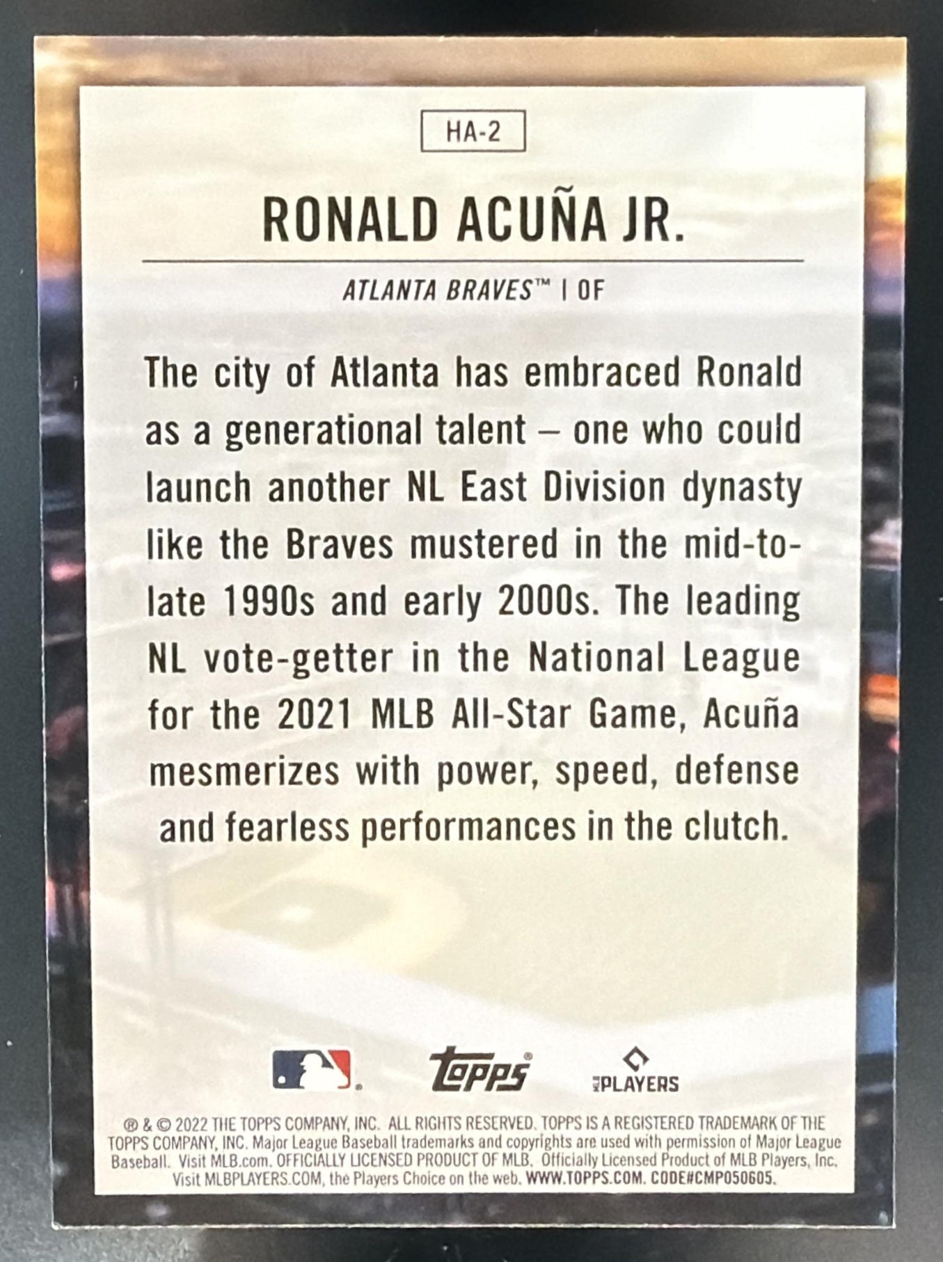 2022 Topps Ronald Acuna Jr #HA-2 Home Field Advantage Braves — back