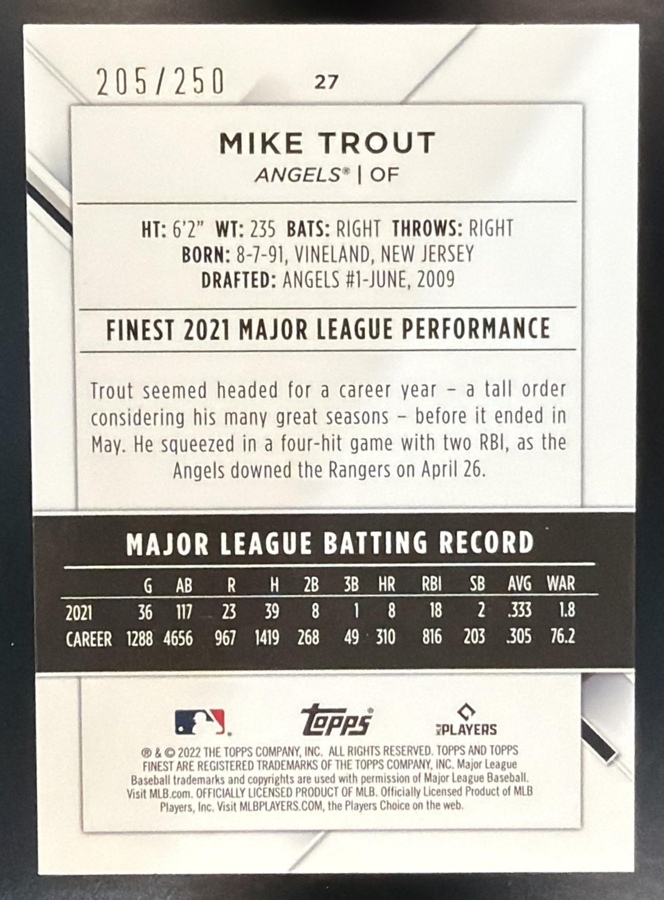 2022 Topps Finest Mike Trout #27 Blue/Aqua Vapor Refractor 205/250 Angels — back