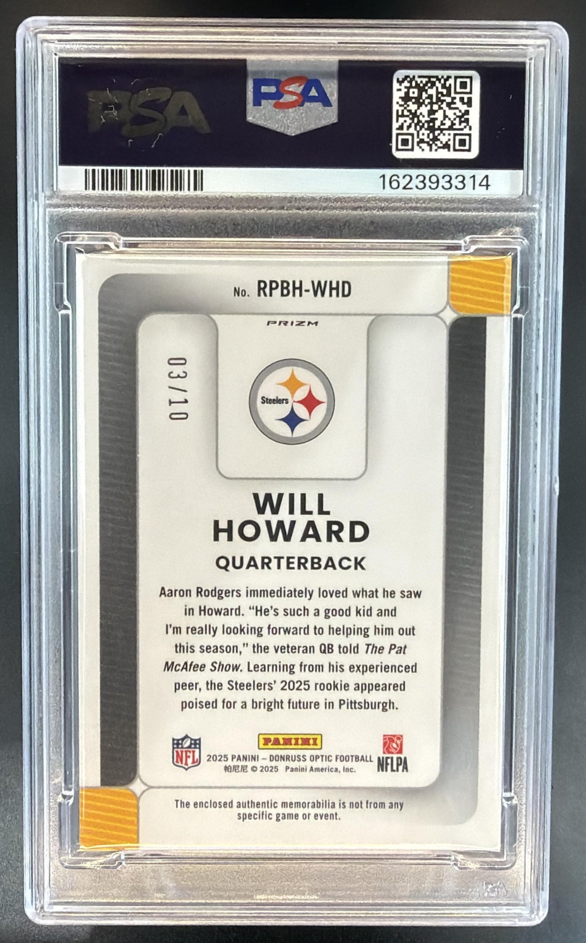 2025 Panini Donruss Optic Will Howard Rookie Phenoms Gold Prizm /10 MEM RC PSA 7 — back