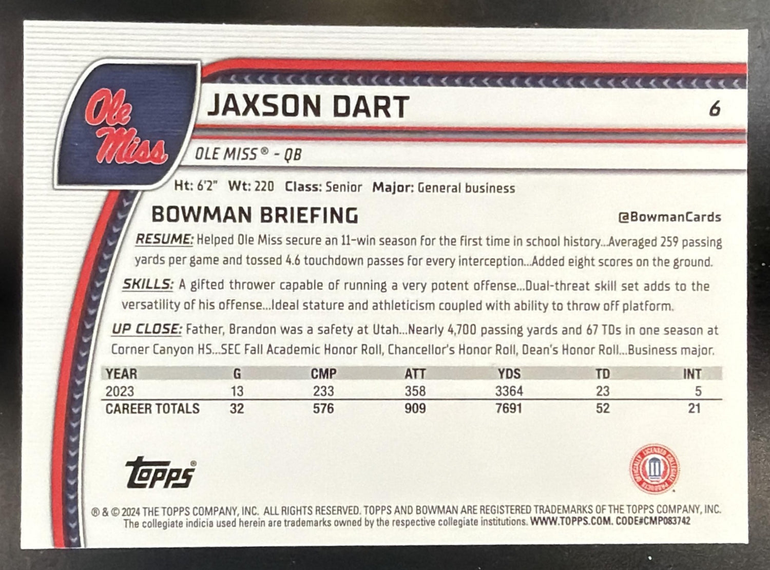 2024 Bowman Chrome University Sapphire Jaxson Dart #6 Rebels — back
