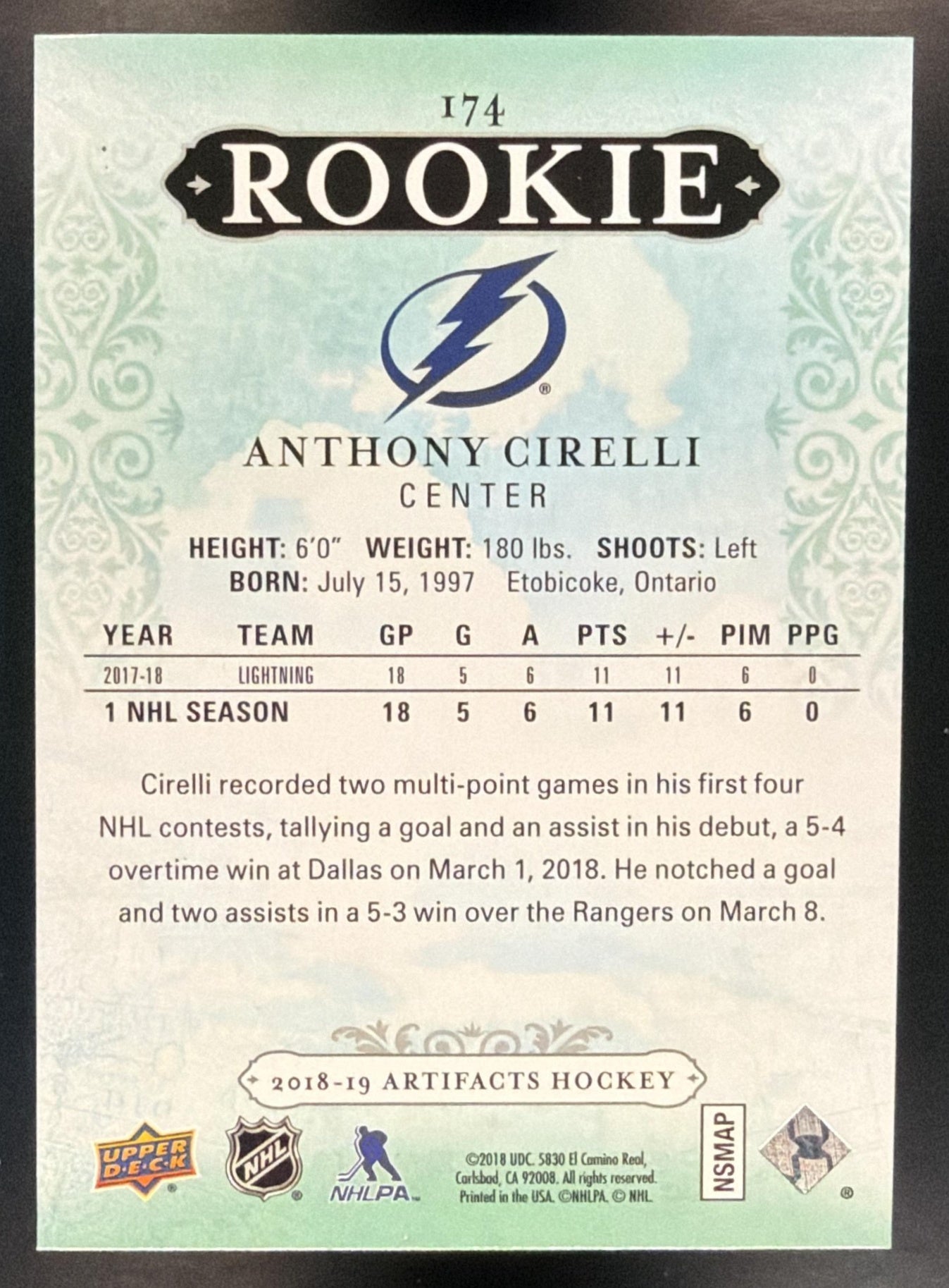 2018-19 Upper Deck Artifacts Anthony Cirelli #174 Aqua 2/45 RC Lightning — back