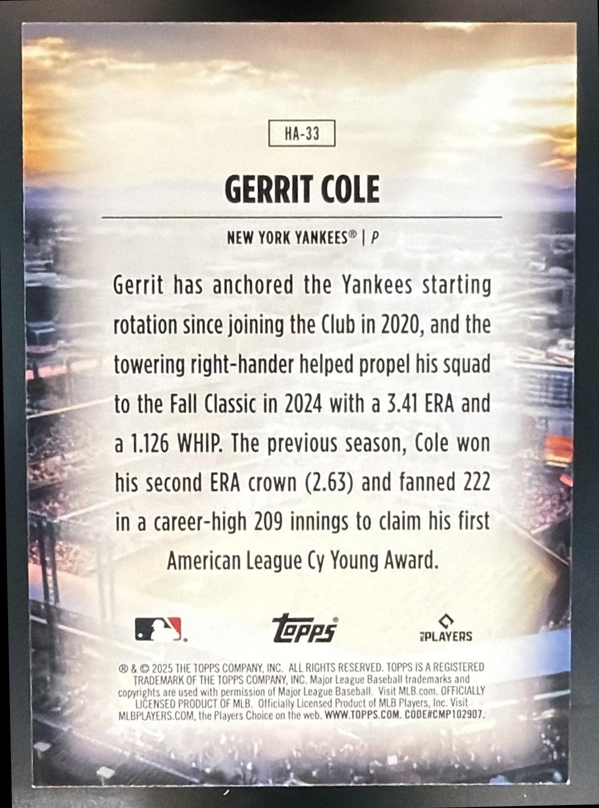 2025 Topps Gerrit Cole #HA-33 Homefield Advantage Yankees — back