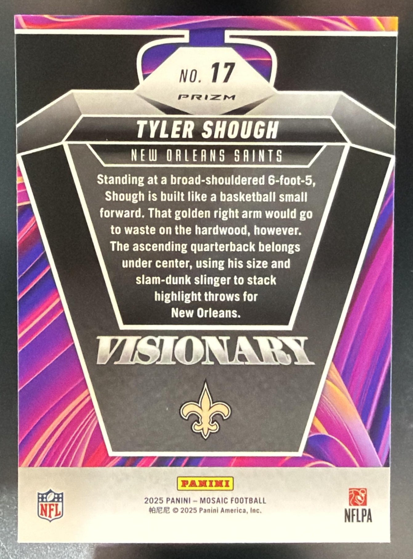 2025 Panini Mosaic Tyler Shough #17 Visionary RC Saints — back