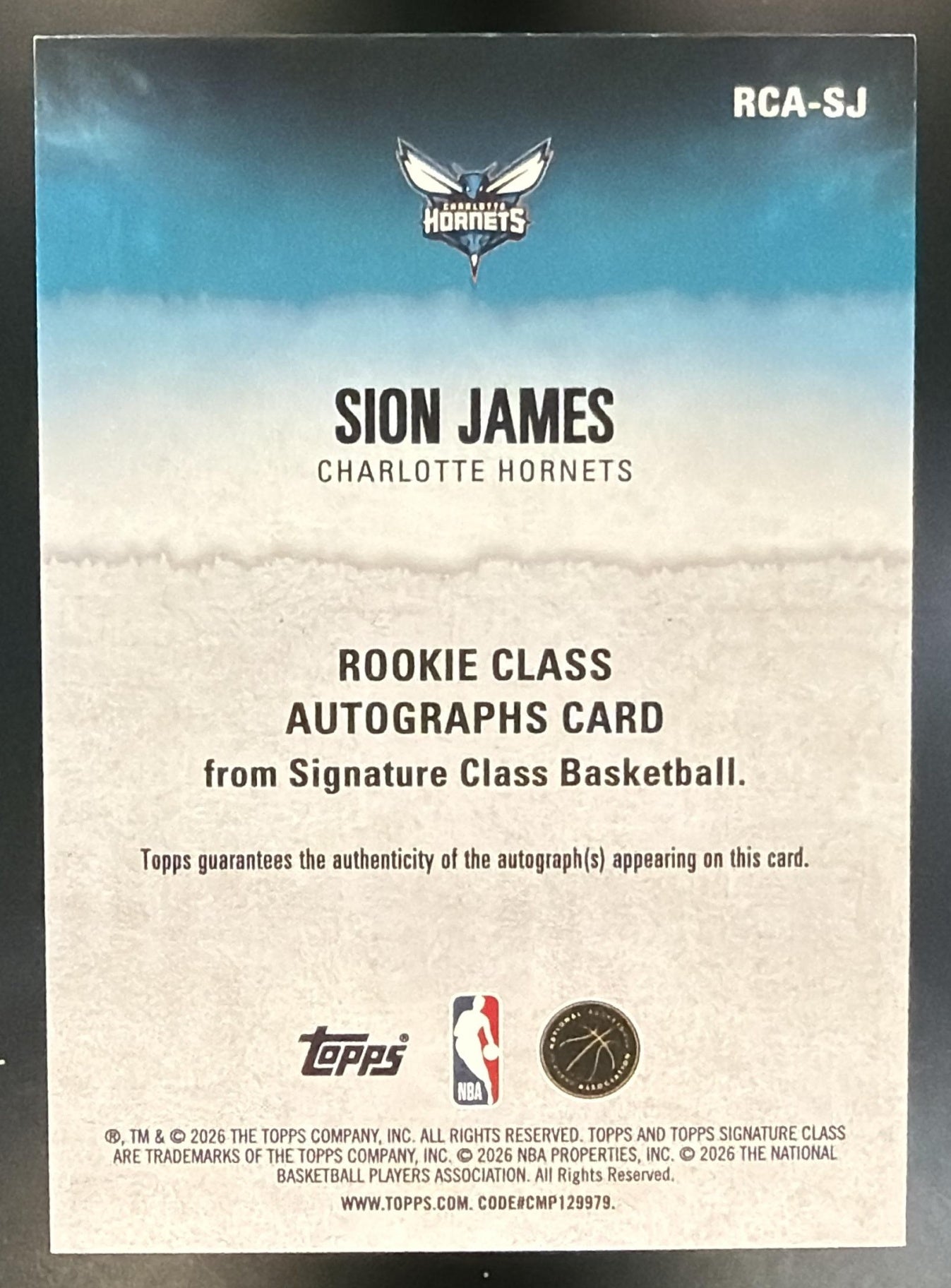 2025-26 Topps Signature Class Sion James #RCA-SJ Rookie Auto RC Hornets — back