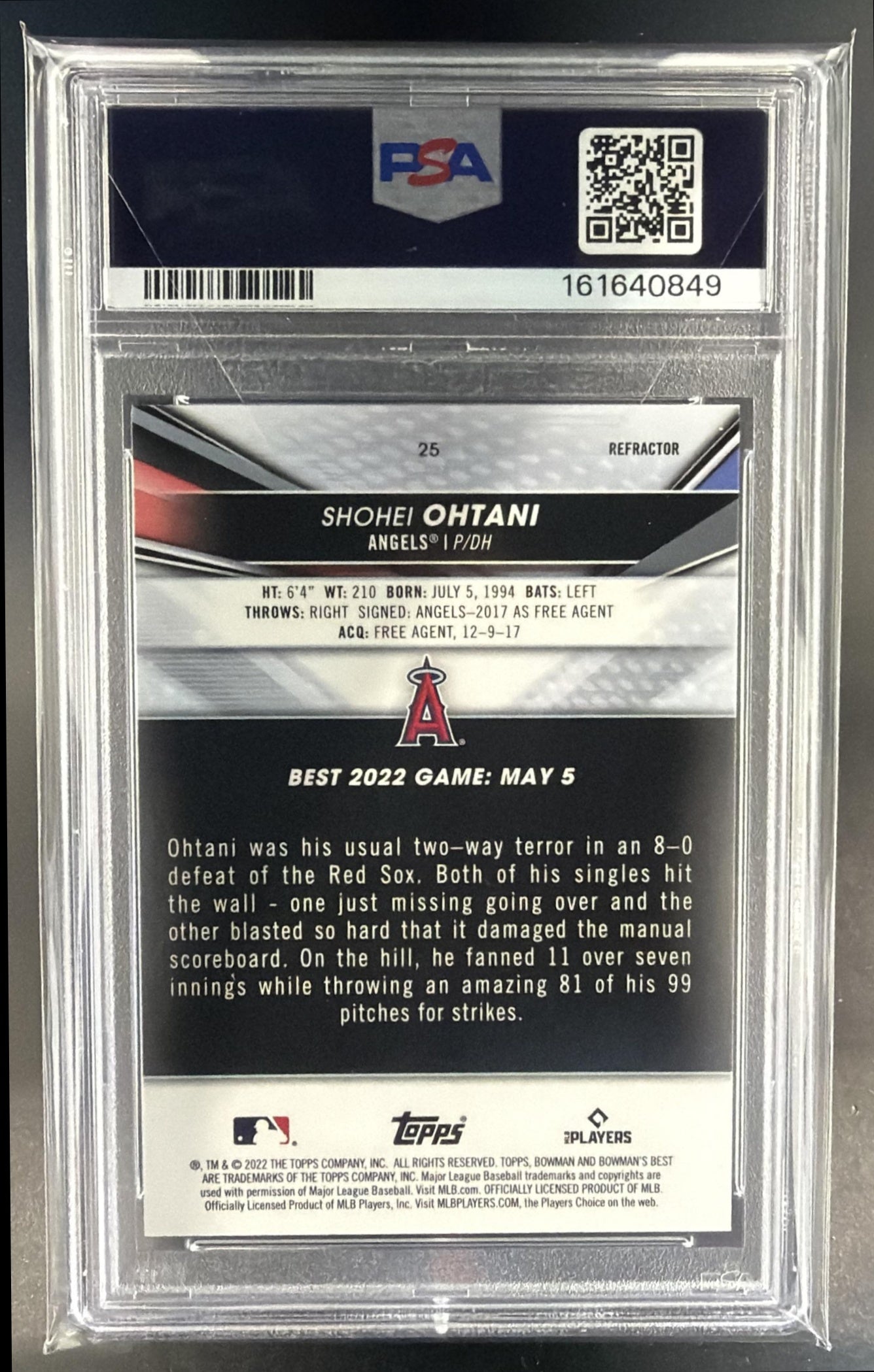 2022 Bowman's Best Shohei Ohtani #25 Refractor Angels PSA 9 — back