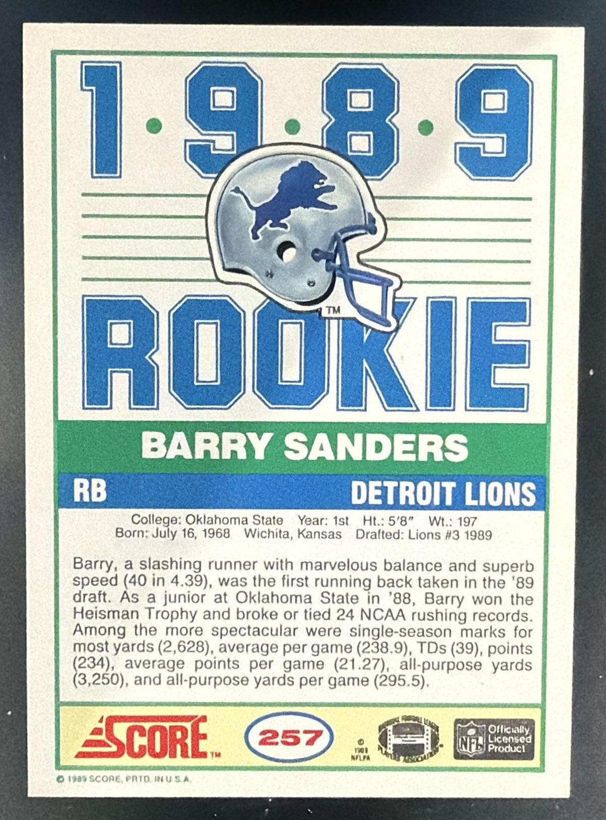 1989 Score Barry Sanders #257 RC Lions — back