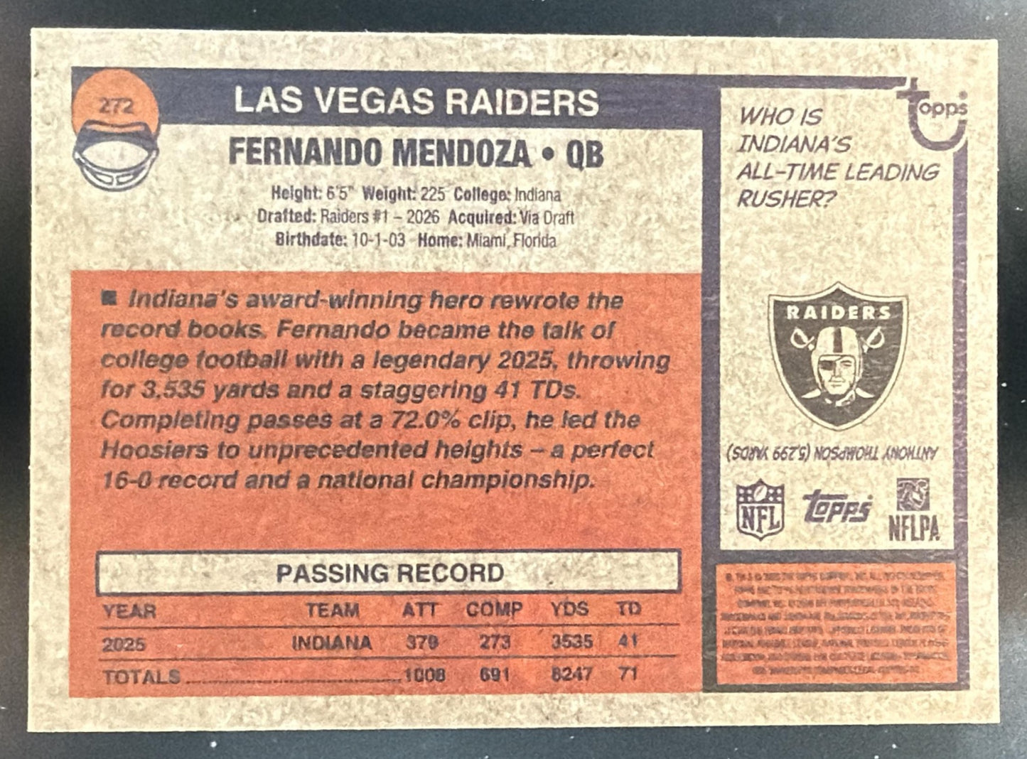 2026 Topps Heritage Fernando Mendoza #272 Chrome RC Raiders — back