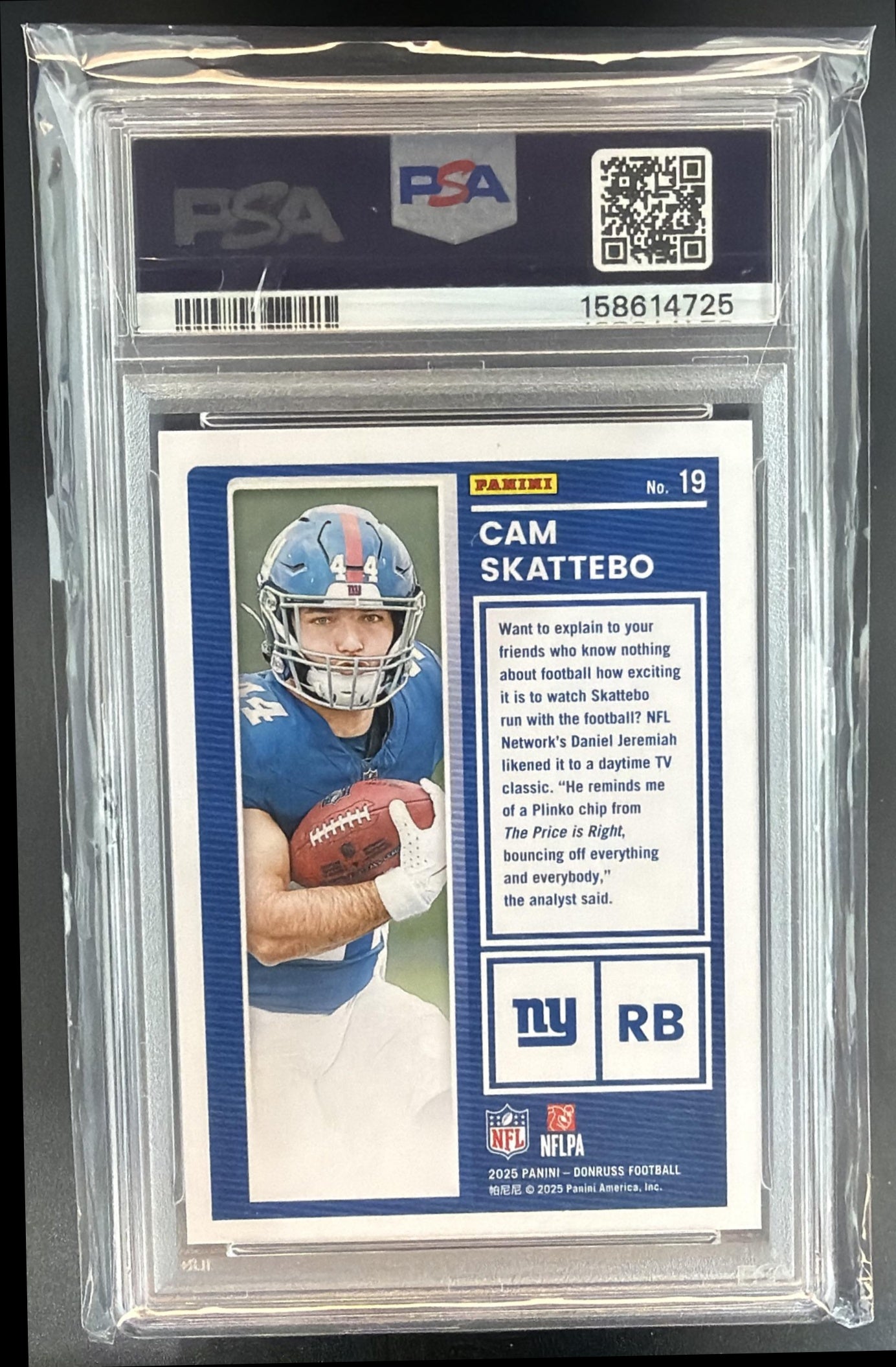 2025 Panini Donruss Cam Skattebo #19 The Rookies RC Giants PSA 8 — back