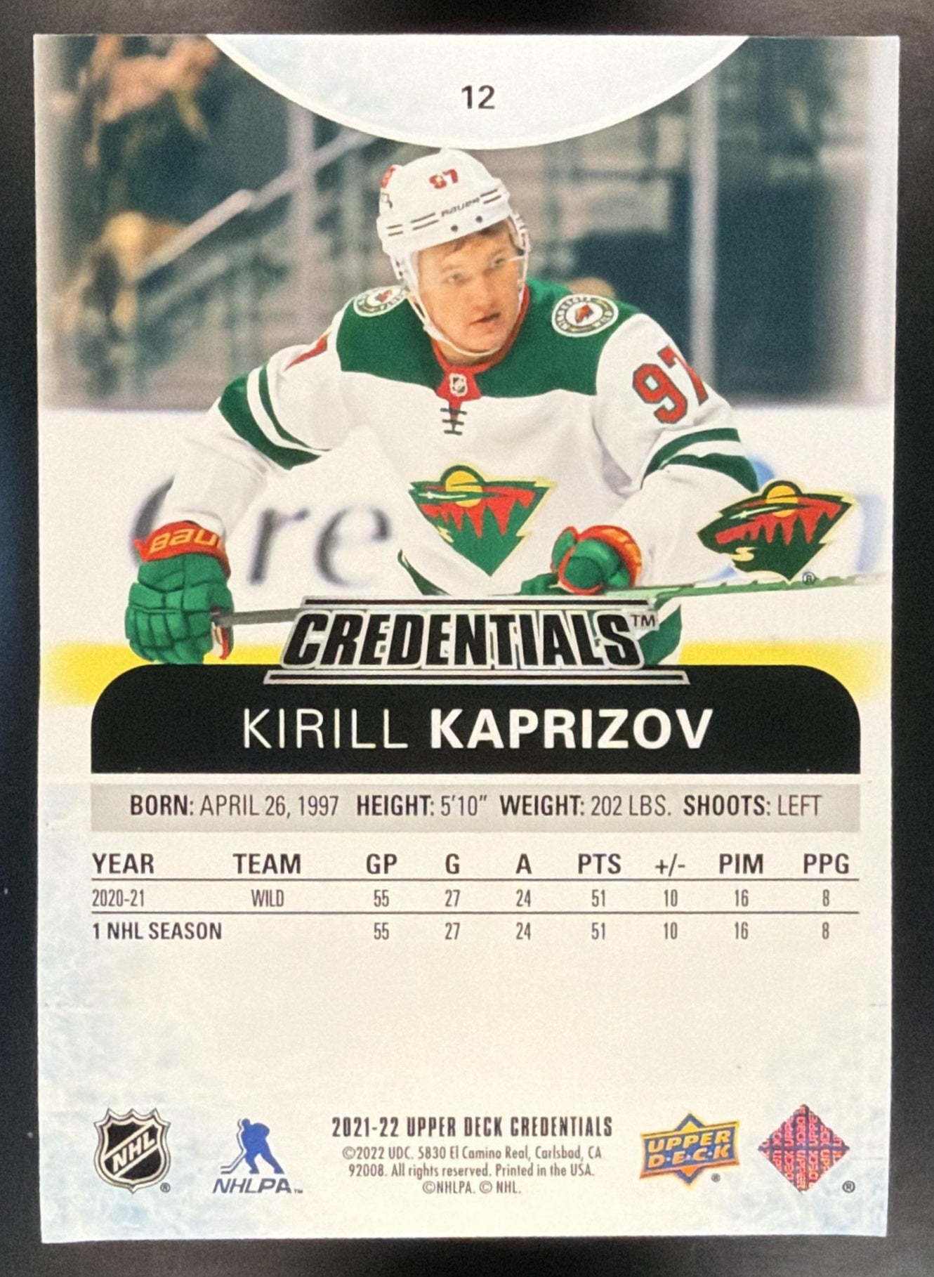 2021-22 Upper Deck Credentials Kirill Kaprizov #12 Red 60/199 Wild — back