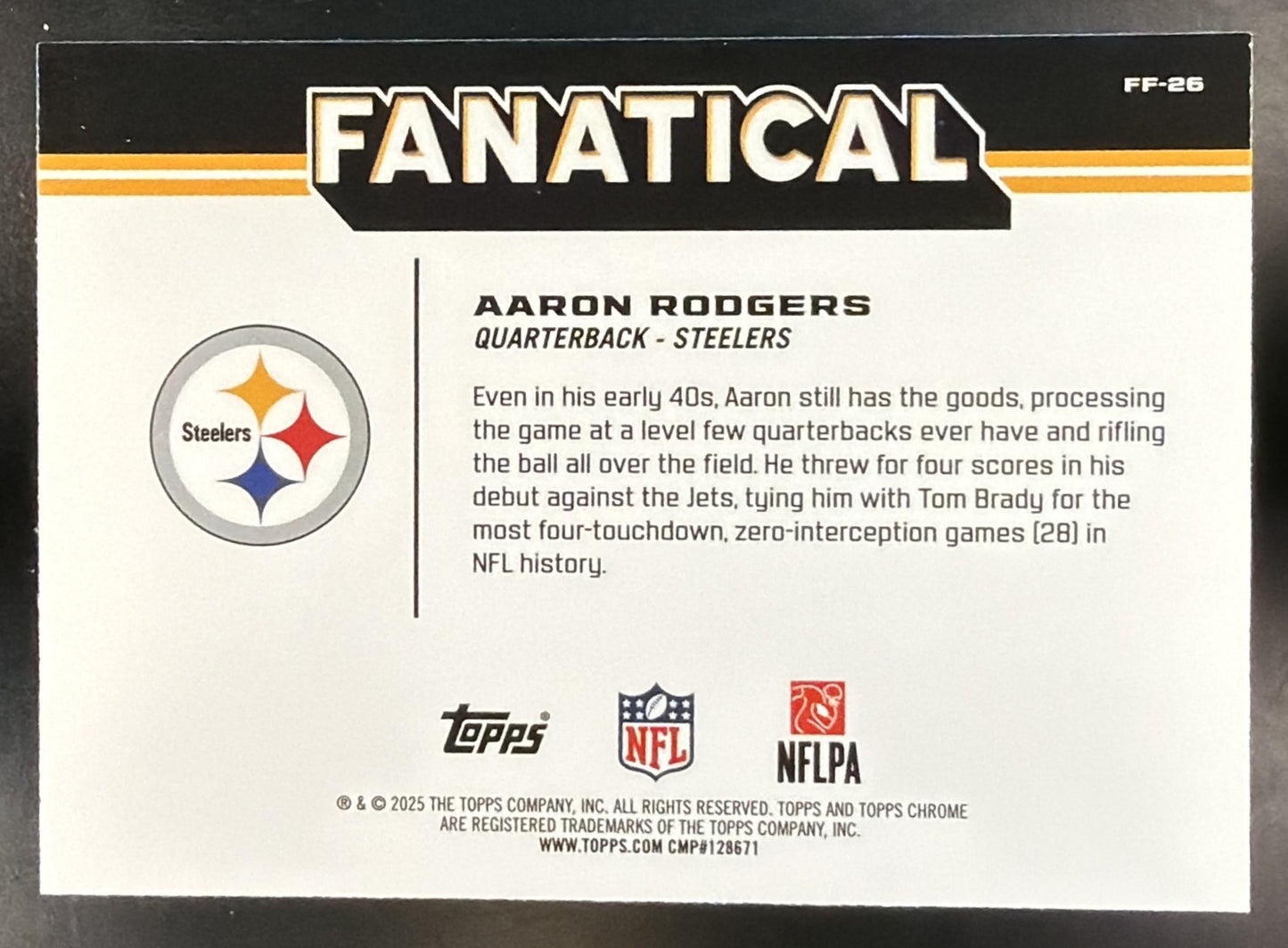 2025 Topps Chrome Aaron Rodgers #FF-26 Fanatical Steelers — back