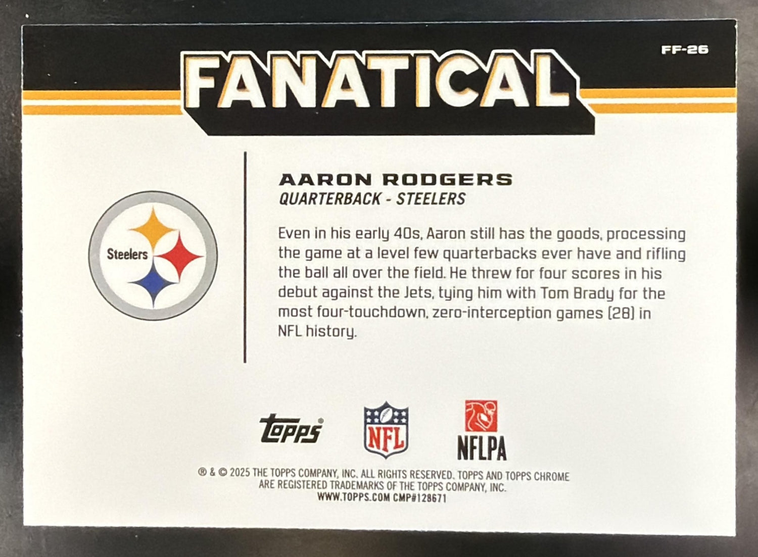 2025 Topps Chrome Aaron Rodgers #FF-26 Fanatical Steelers — back