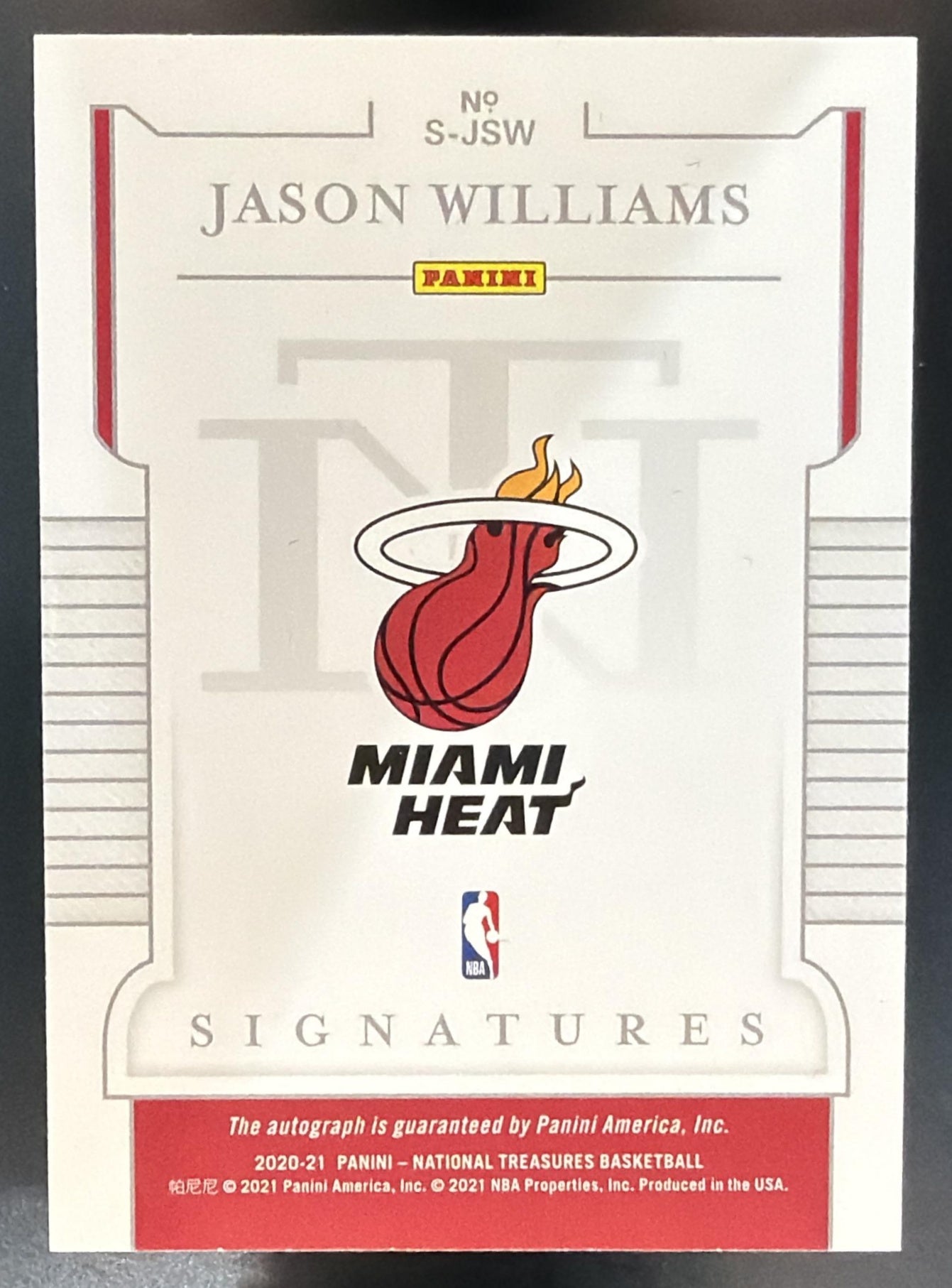 2020 Panini National Treasures Jason Williams #S-JSW Signatures /49 Auto — back