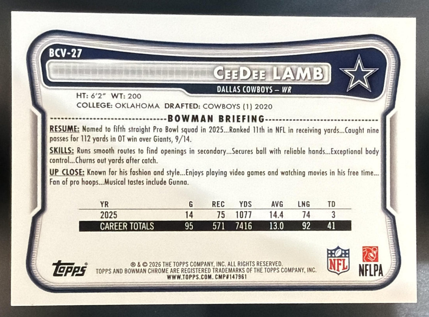 2026 Bowman CeeDee Lamb #BCV-27 Chrome NFL Orange Refractor 4/25 Cowboys — back