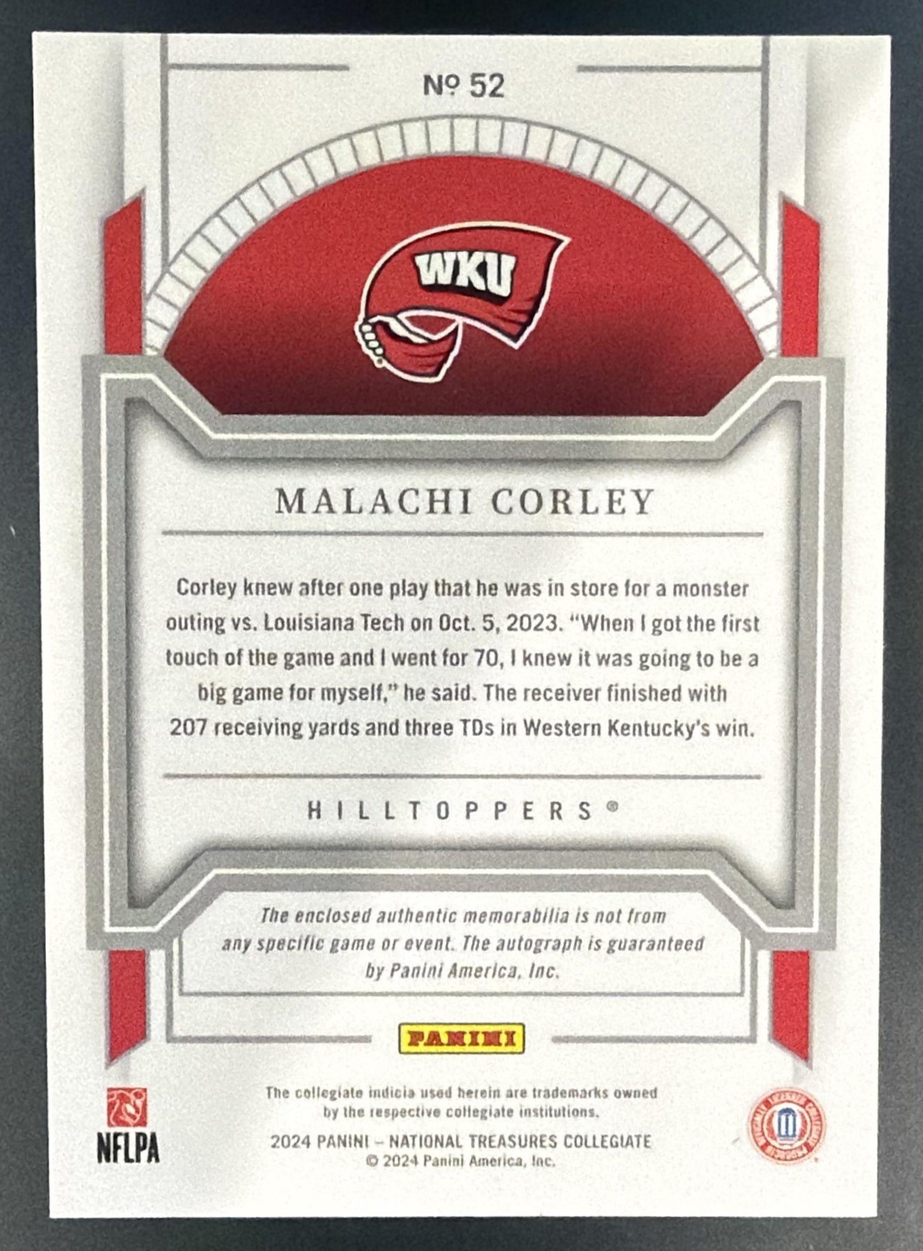 2024 National Treasures Collegiate Malachi Corley Bowl Logo /10 MEM Auto RC — back