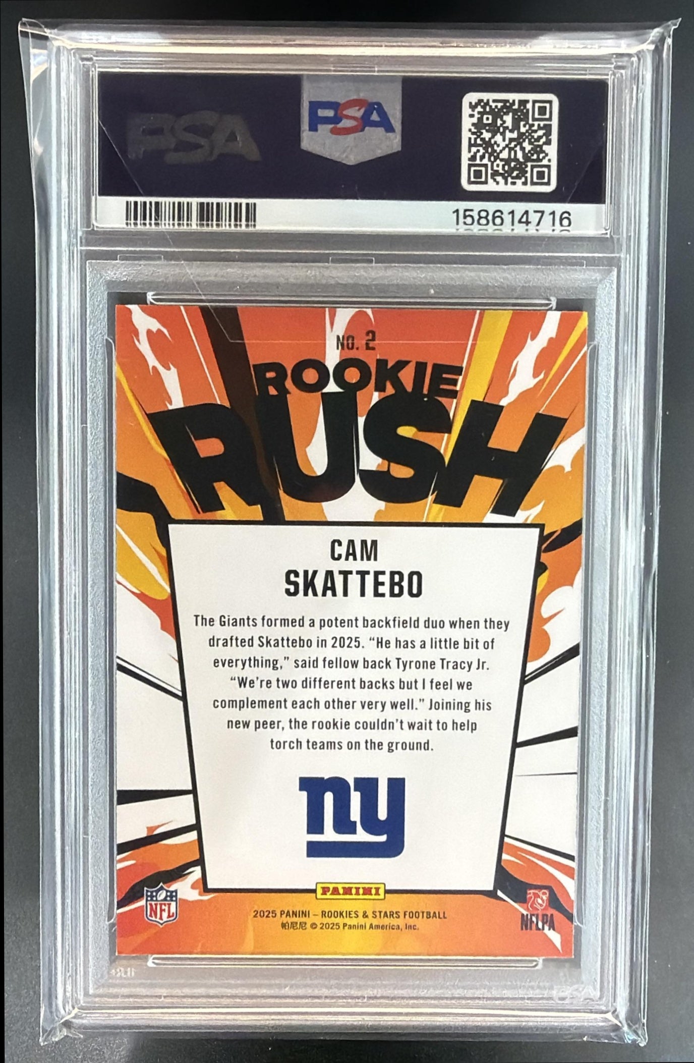 2025 Panini Rookies & Stars Cam Skattebo #2 Rookie Rush RC Giants PSA 8 — back