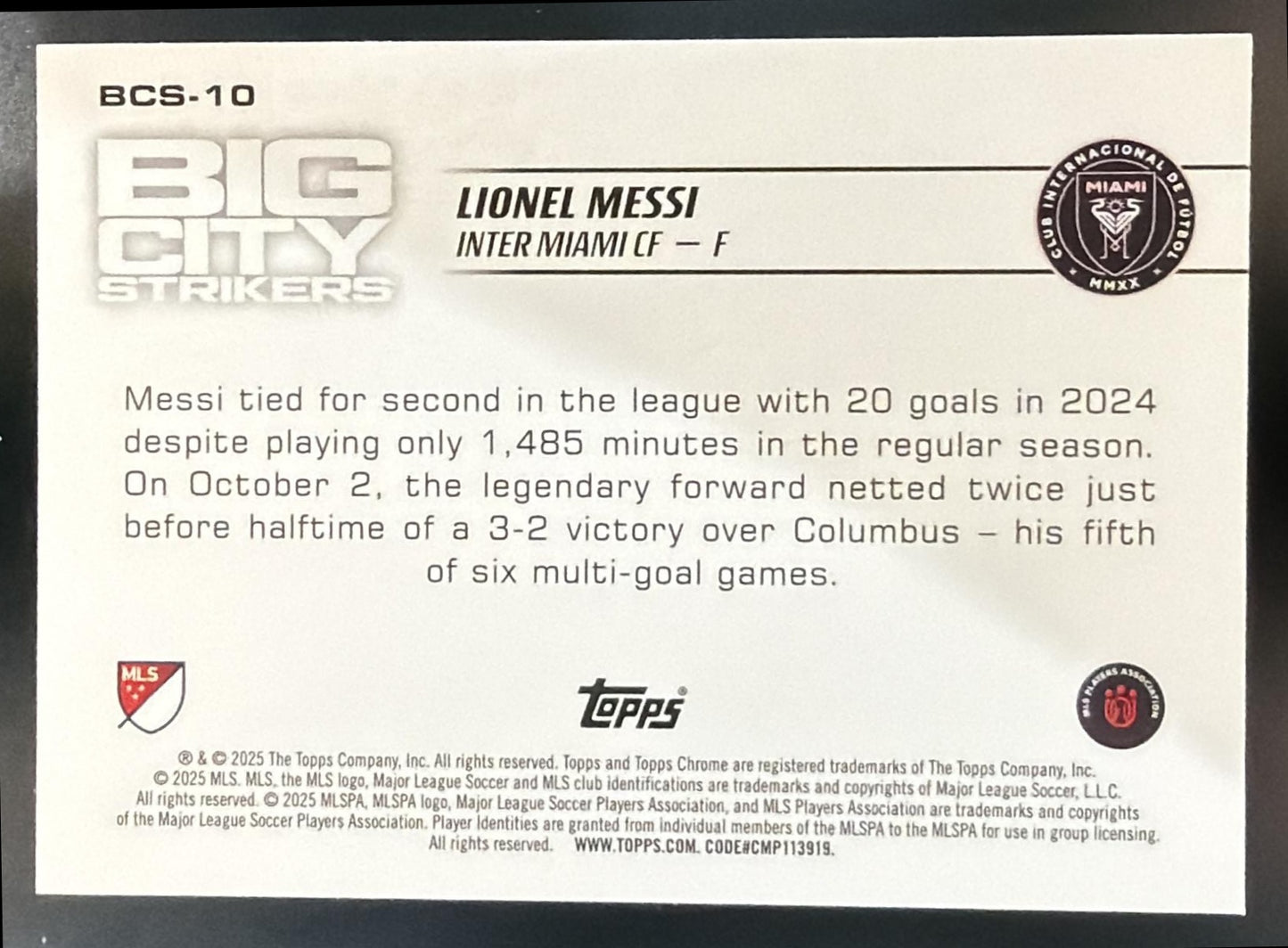 2025 Topps Chrome MLS Lionel Messi #BCS-10 Big City Strikers Inter — back