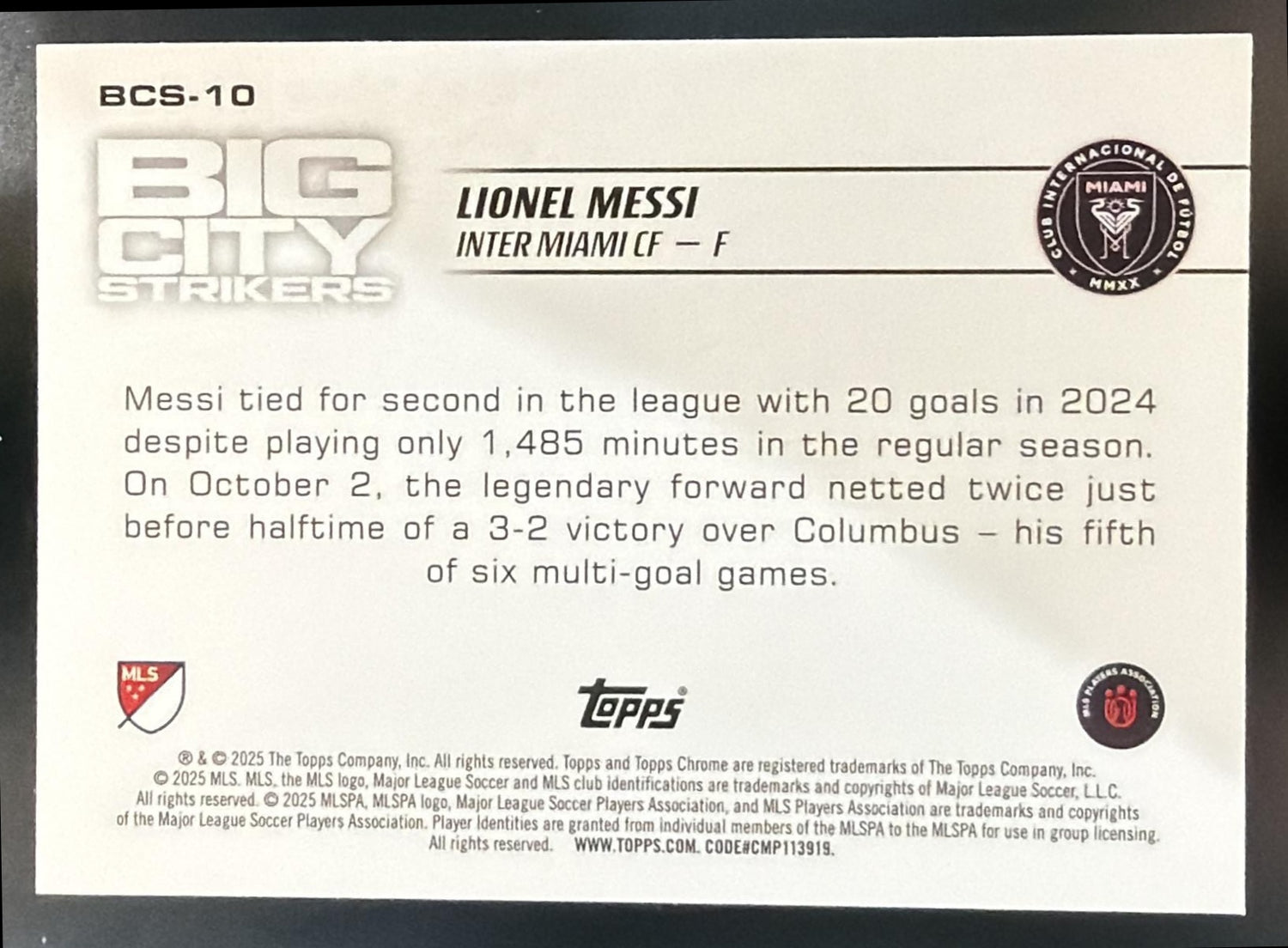 2025 Topps Chrome MLS Lionel Messi #BCS-10 Big City Strikers Inter — back