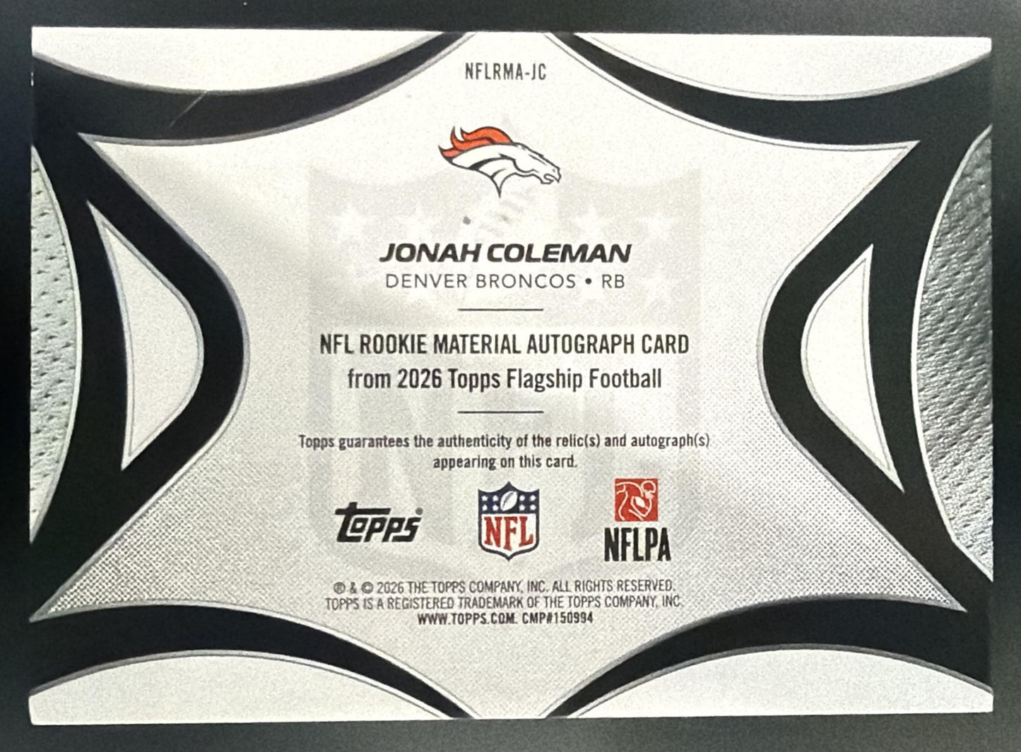 2026 Topps Jonah Coleman #NFLRMA-JC NFL Rookie Material Auto 01/99 MEM RC SSP — back