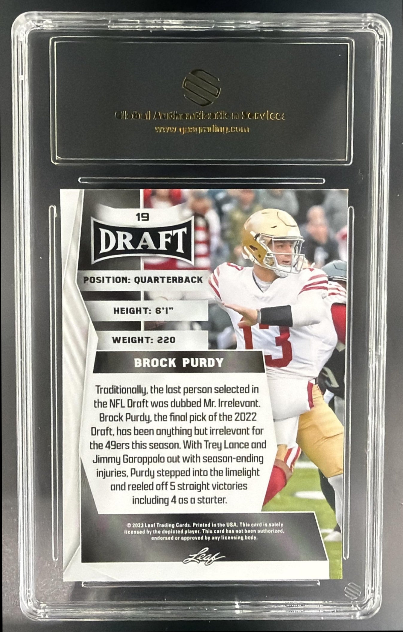 2023 Leaf Draft Brock Purdy #19 Blue 49ers — back