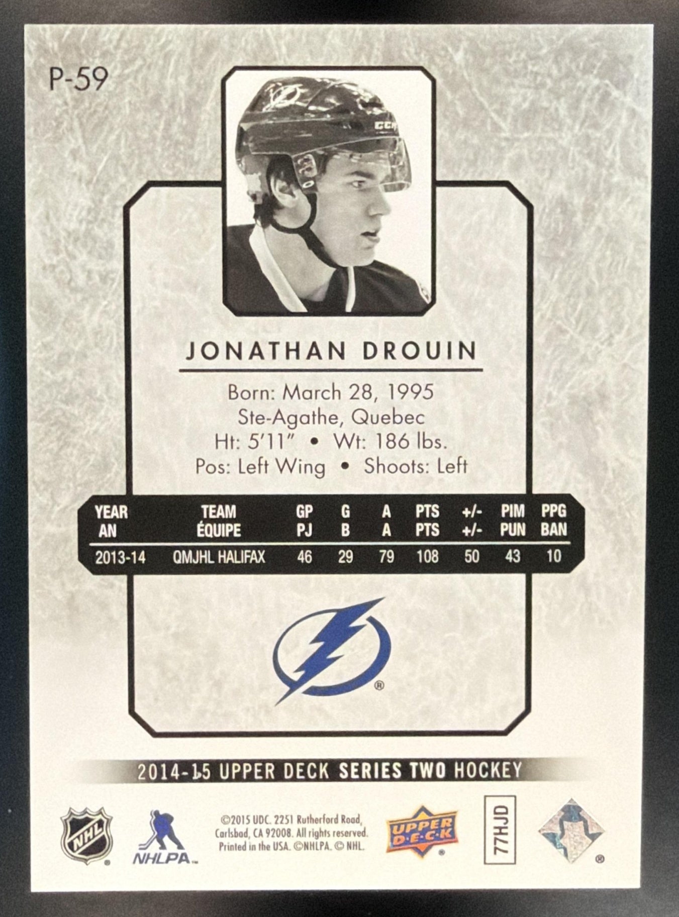 2014 Upper Deck Jonathan Drouin #P-59 UD Portraits Platinum Blue /25 RC — back