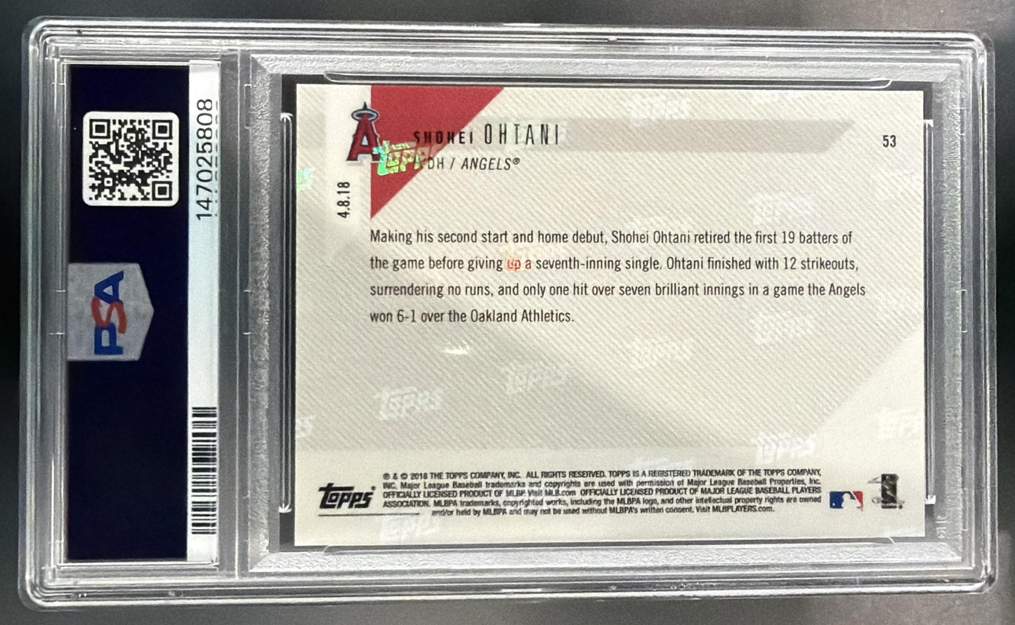 2018 Topps Now Shohei Ohtani #53 RC Angels PSA 9 — back