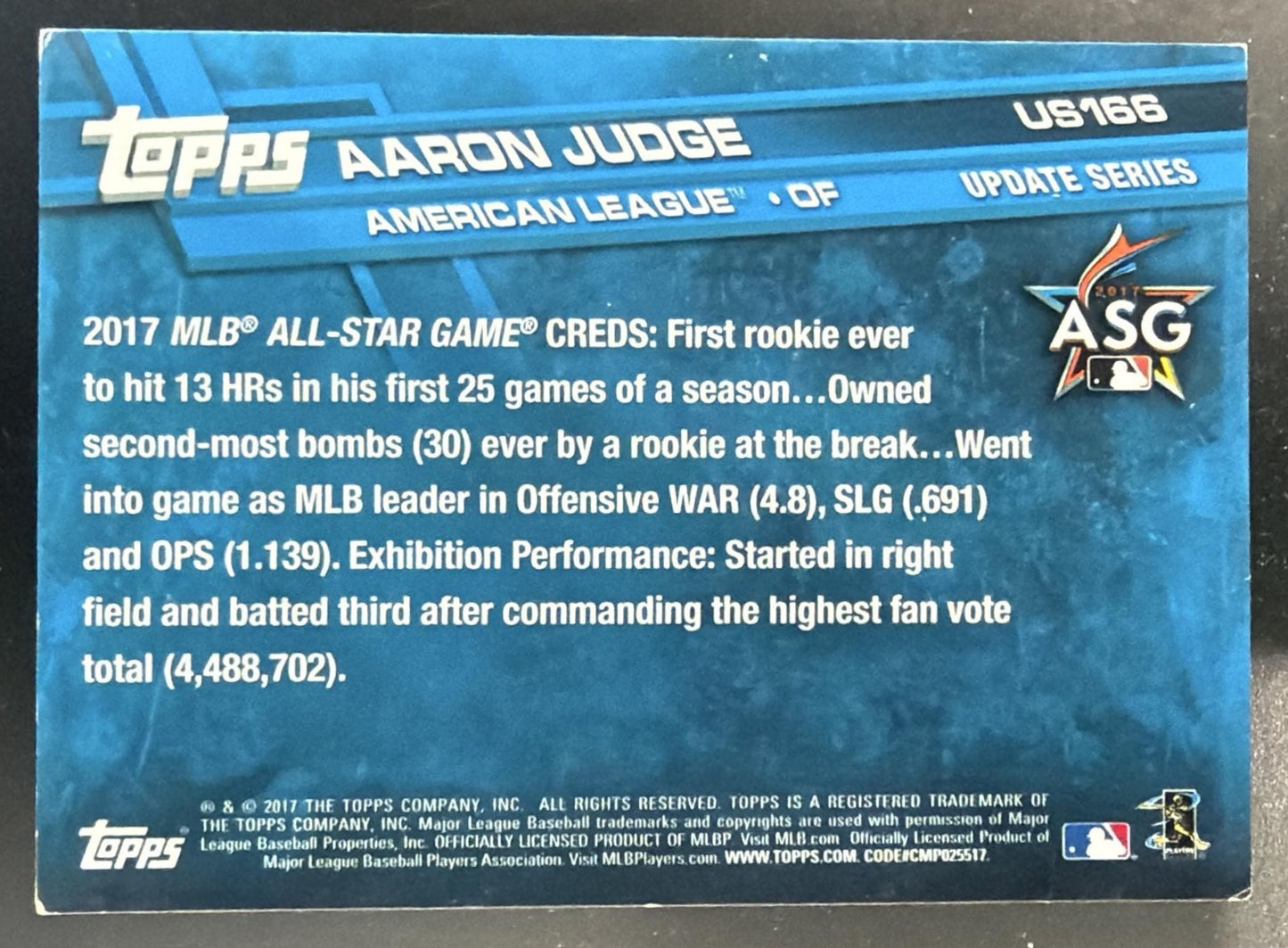 2017 Topps Update Aaron Judge #US166 RC Yankees — back