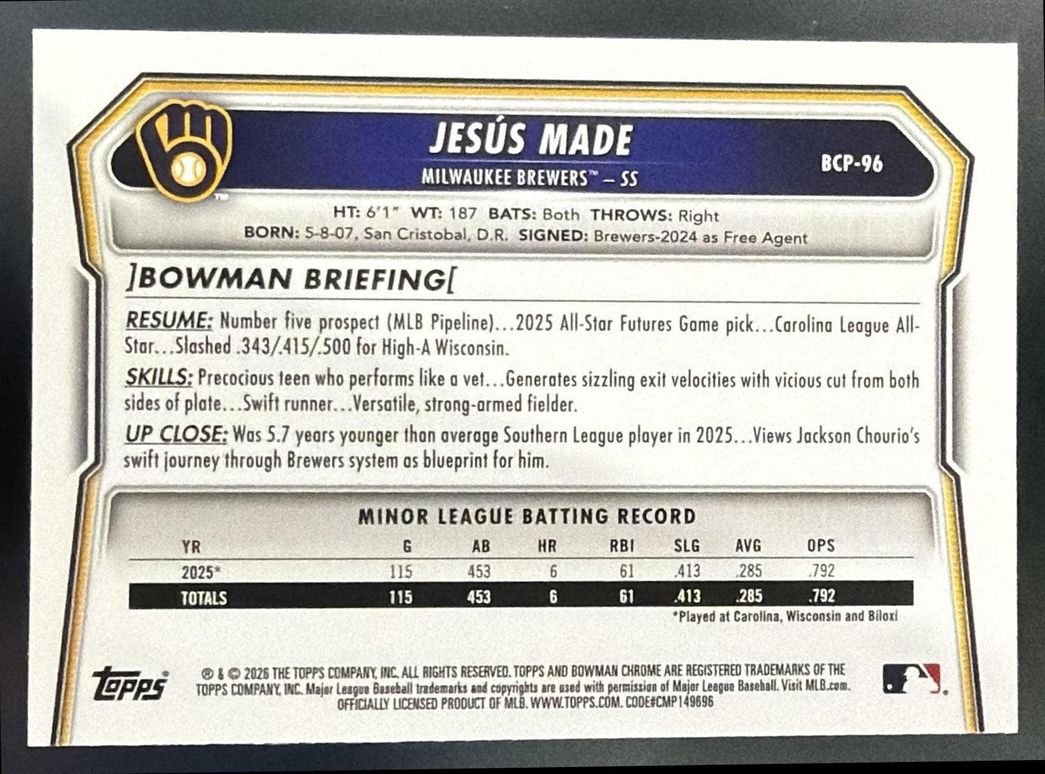 2026 Bowman Mega Box Jesus Made Chrome Prospects Sky Blue Mojo Refractor /499 — back