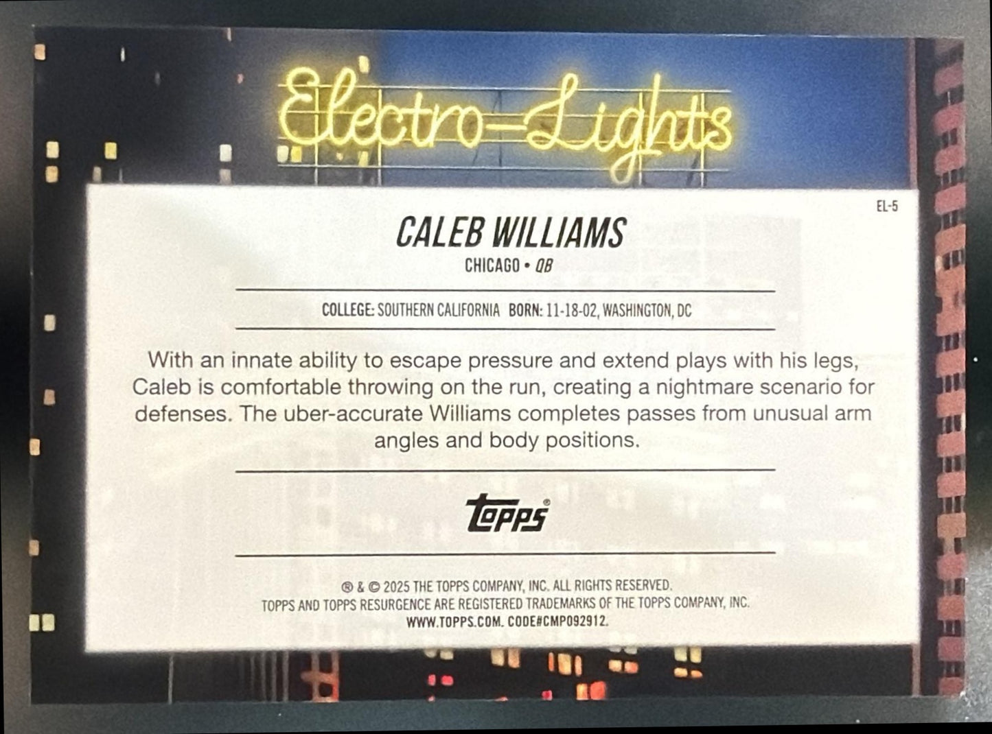 2024 Topps Resurgence Caleb Williams #EL-5 Electro-Lights RC Bears — back