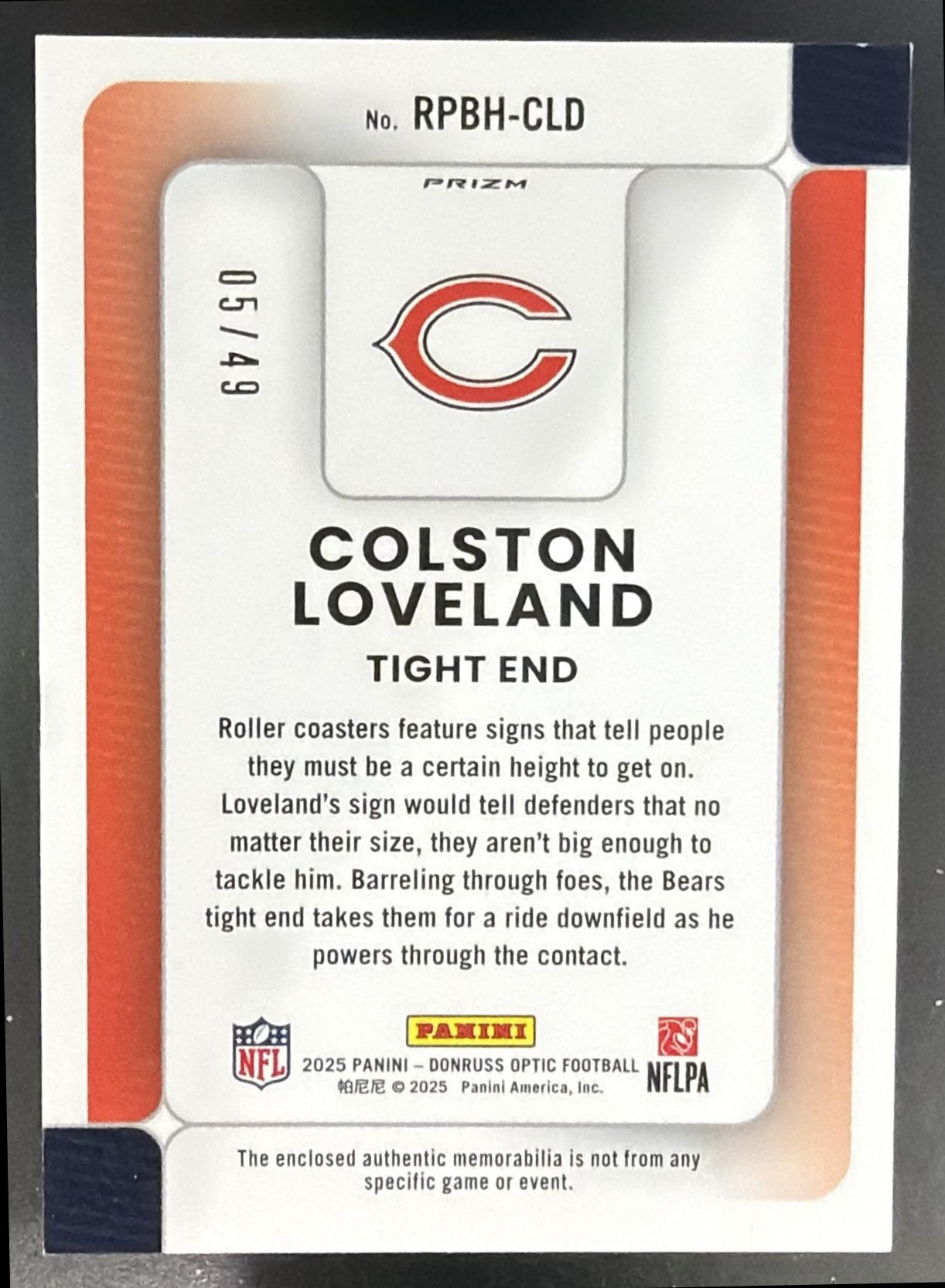 2025 Panini Donruss Optic Colston Loveland Rookie Phenoms Ice Prizm /49 MEM RC — back