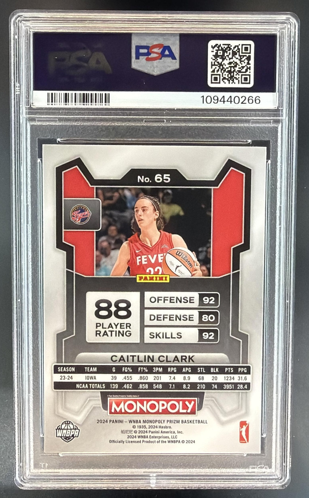 2024 Panini Prizm Monopoly WNBA Caitlin Clark #65 RC Fever PSA 10 — back