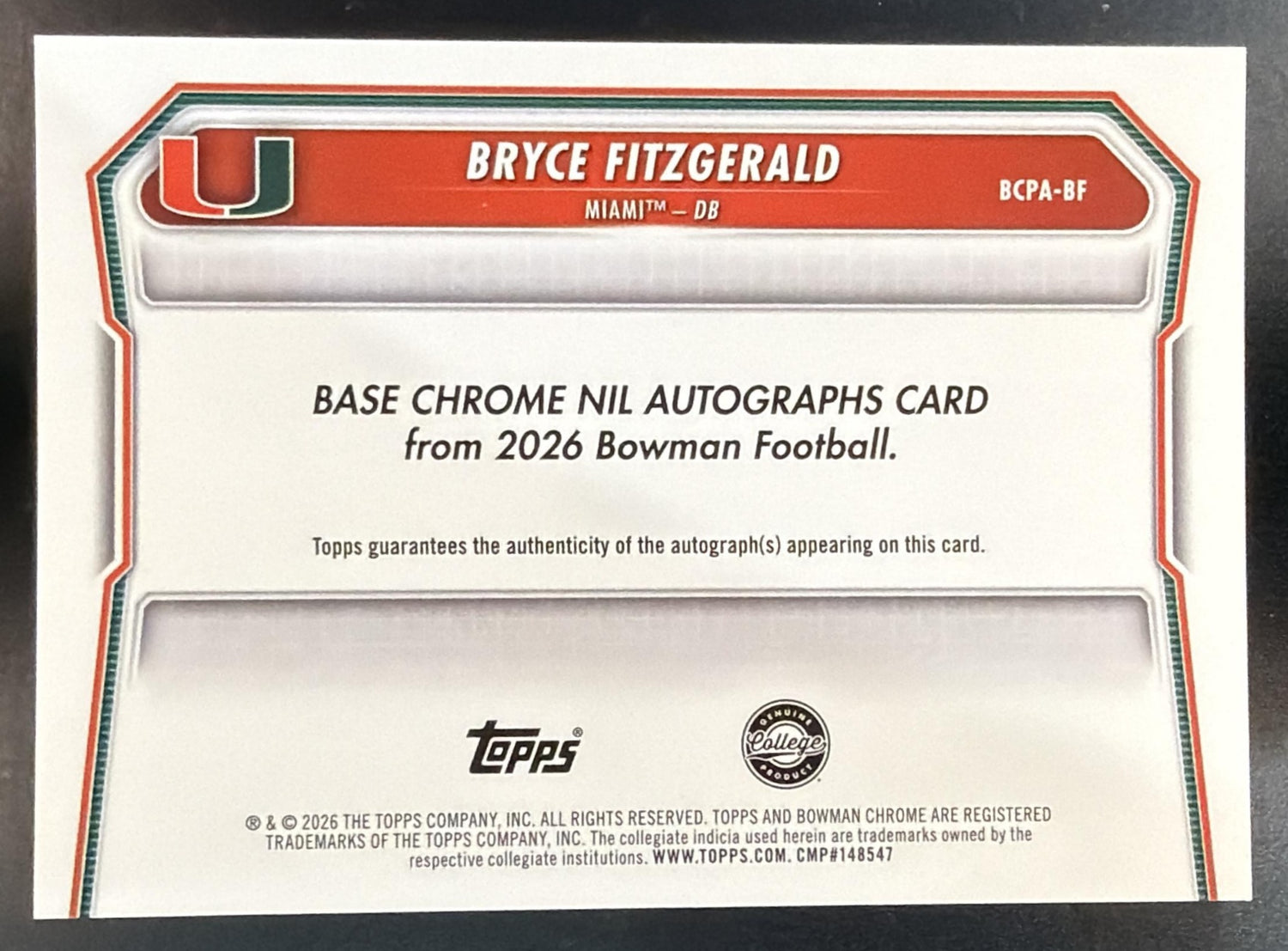 2026 Bowman Bryce Fitzgerald #BCPA-BF Chrome Auto 1st Prospect Hurricanes — back