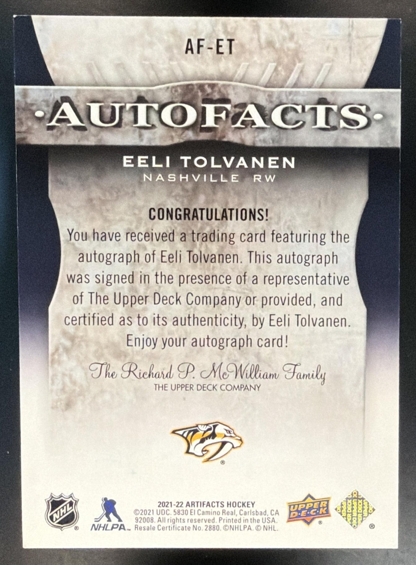 2021-22 Upper Deck Artifacts Eeli Tolvanen #AF-ET Auto Facts Predators — back