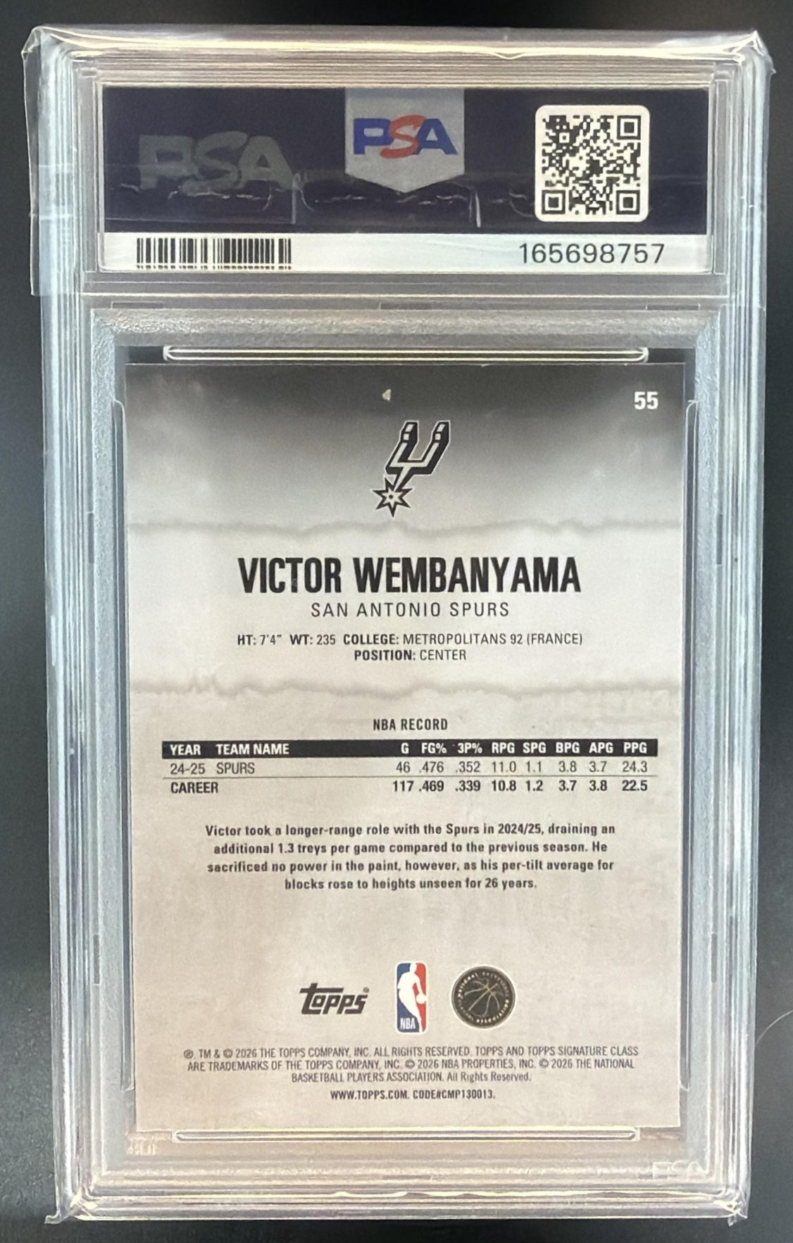 2025 Topps Signature Class Victor Wembanyama #55 Chrome Pandora Refractor PSA 8 — back