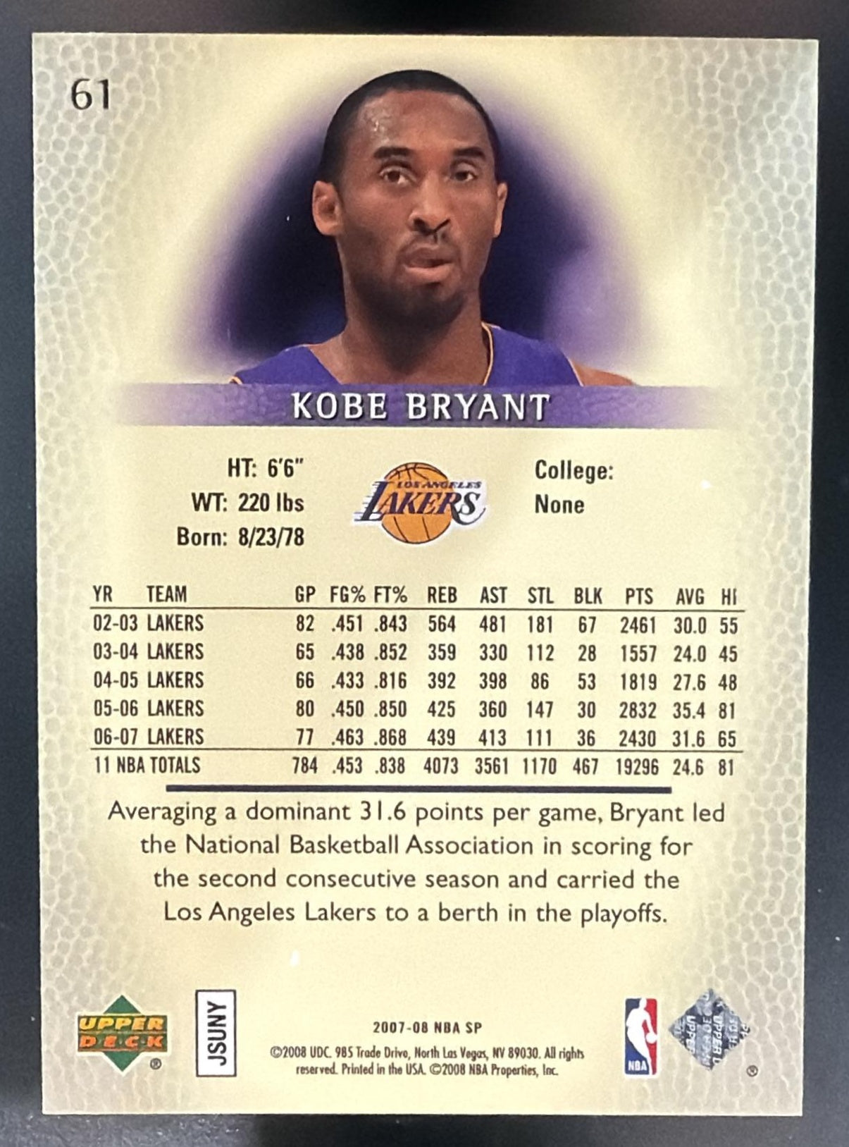 2007-08 SP Authentic Kobe Bryant #61 Lakers — back