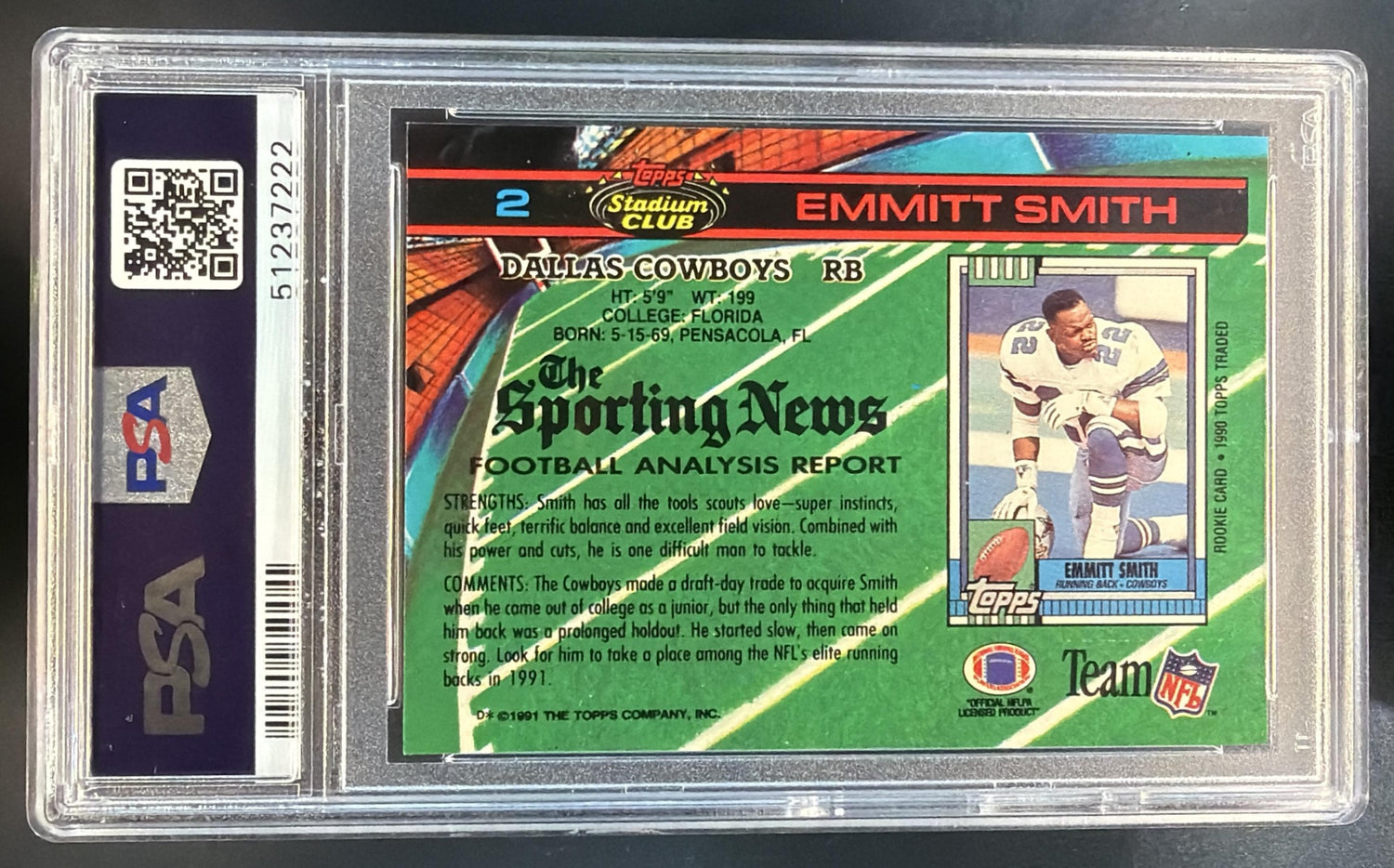 1991 Topps Stadium Club Emmitt Smith #2 Cowboys PSA 9 — back