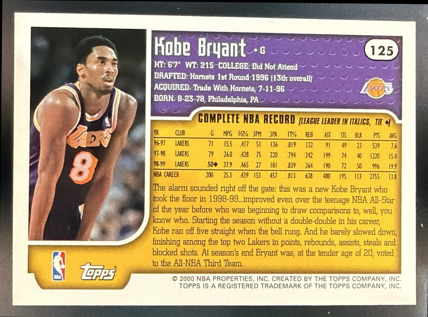 1999-00 Topps Kobe Bryant #125 Lakers — back