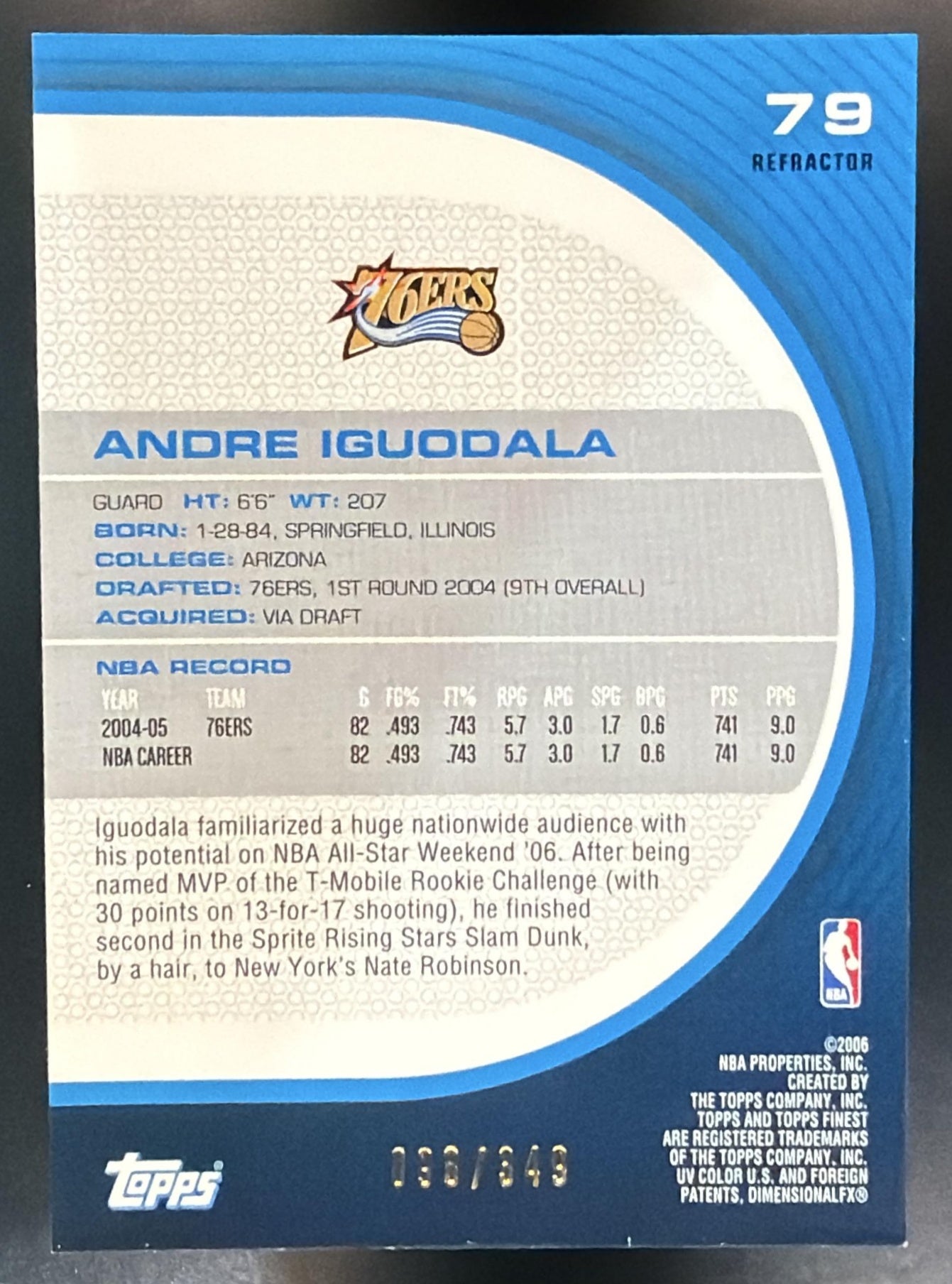 2005-06 Topps Finest Andre Iguodala #79 Refractor /349 76ers — back
