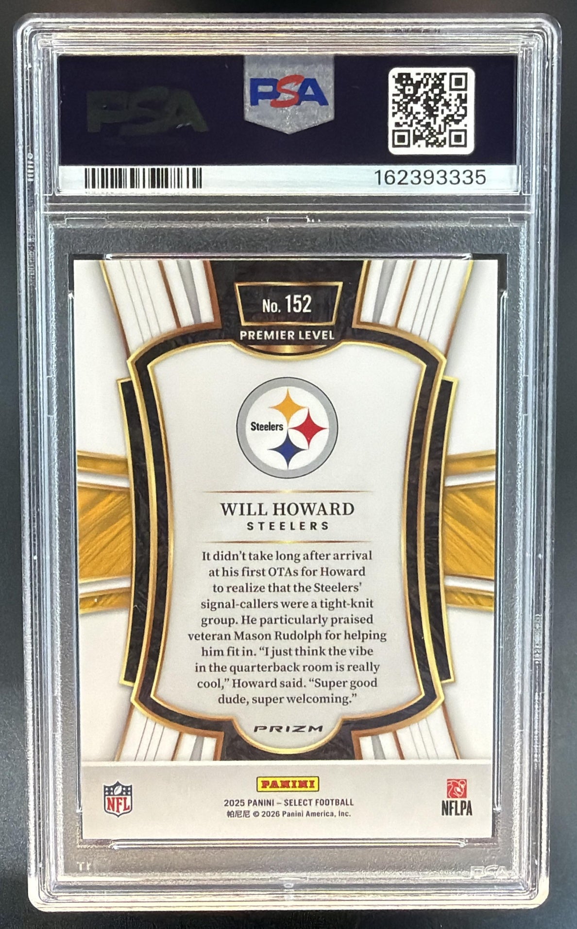 2025 Panini Select Will Howard #152 Premier Level Disco Prizm RC Steelers PSA 10 — back