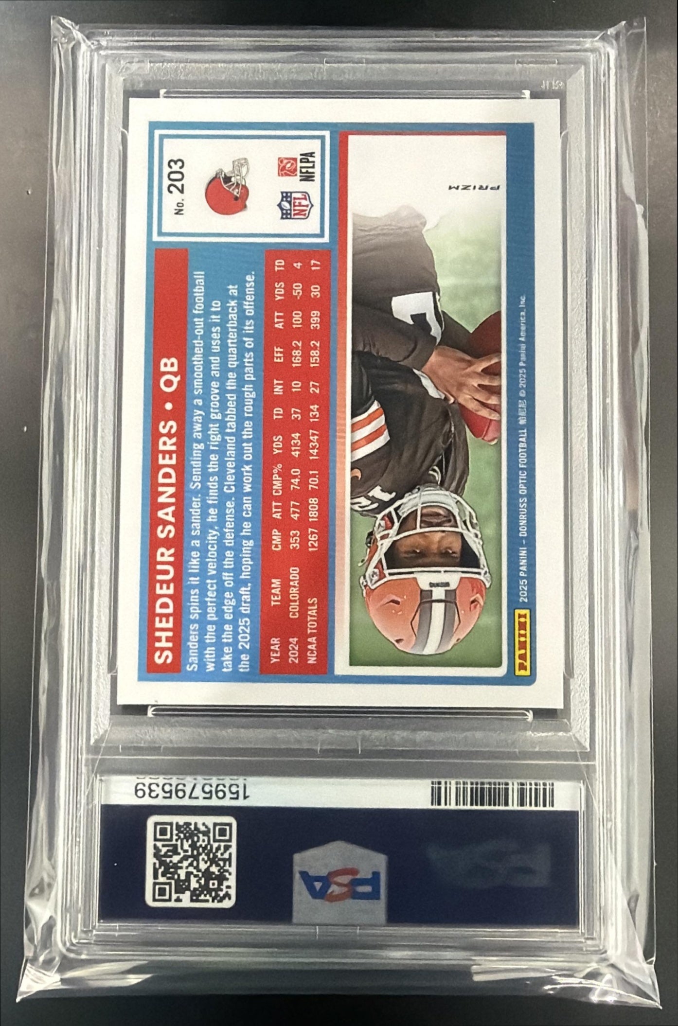 2025 Panini Donruss Optic Shedeur Sanders #203 Rated Rookie Pink Prizm PSA 9 — back