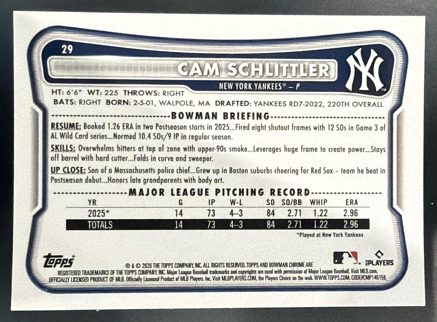 2026 Bowman Chrome Cam Schlittler #29 Red RC Variation Yankees — back