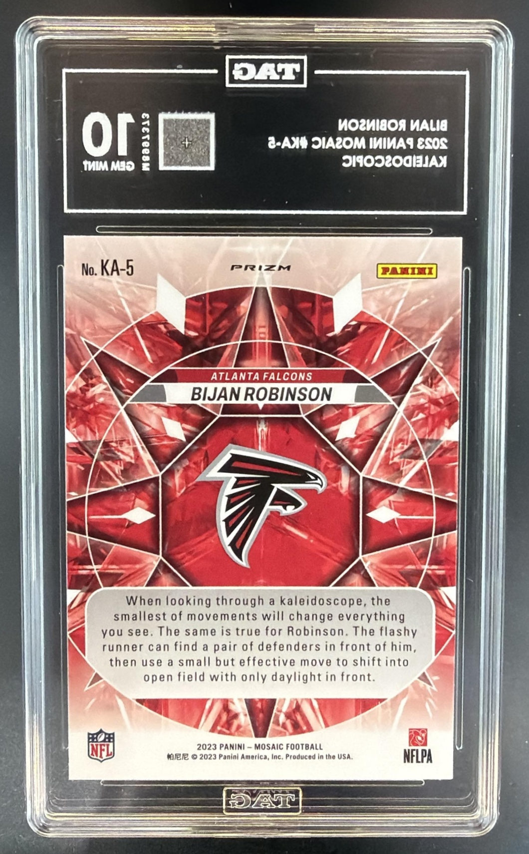 2023 Panini Mosaic Bijan Robinson #KA-5 Kaleidoscopic RC Falcons TAG 10 — back