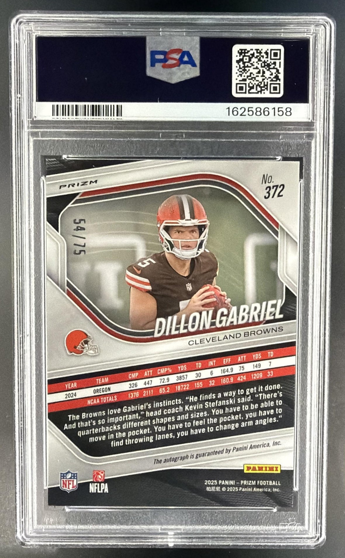 2025 Panini Prizm Dillon Gabriel #372 Rookie Auto Green Scope /75 RC PSA 10 — back