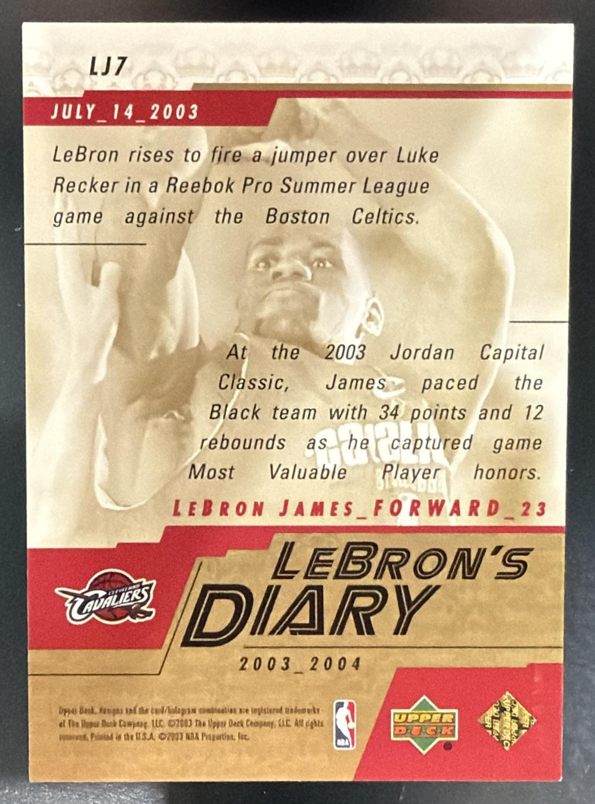2003-04 Upper Deck LeBron James #LJ7 LeBron's Diary RC Cavaliers — back