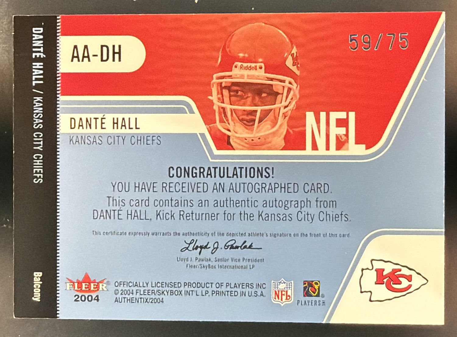 2004 Fleer Authentix Dante Hall #AA-DH Auto Balcony 59/75 Chiefs — back