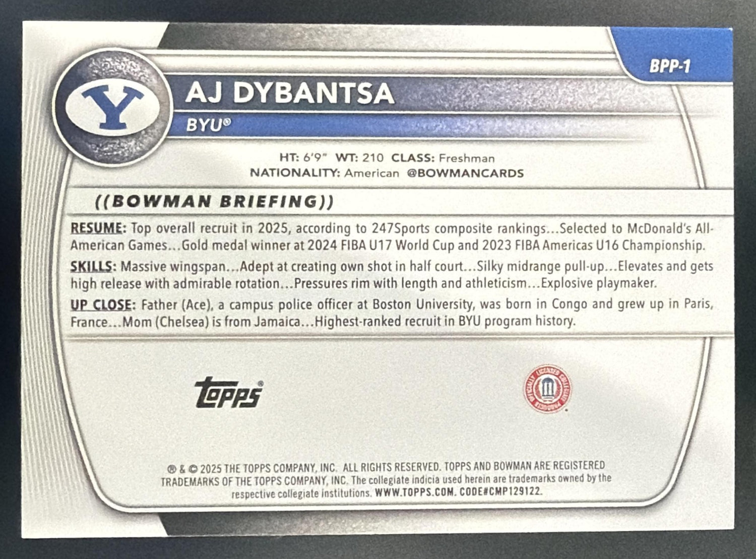 2025-26 Bowman AJ Dybantsa #BPP-1 Pink Border /175 1st Prospect Cougars — back