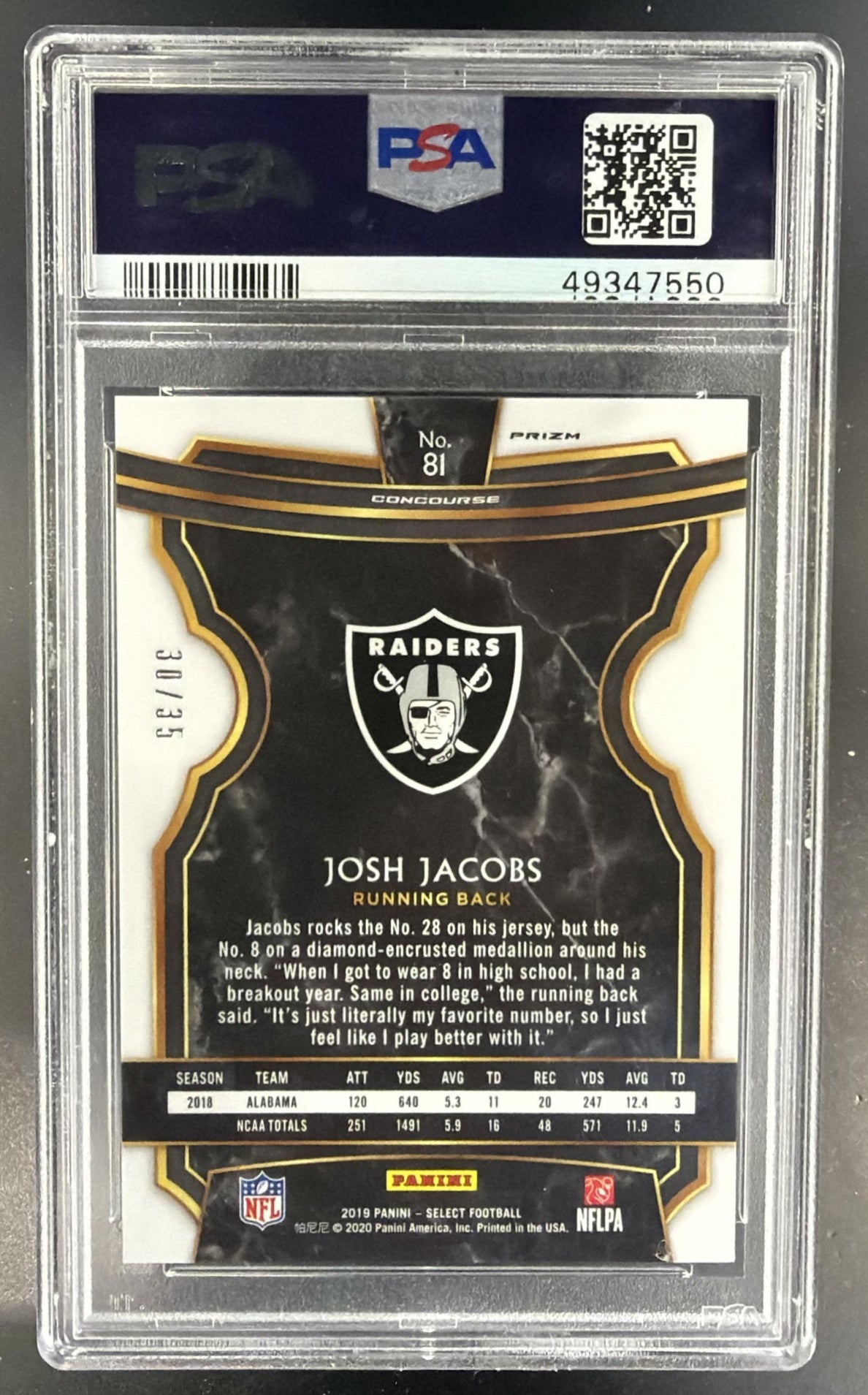 2019 Panini Select Josh Jacobs #81 White Prizm 30/35 RC Concourse Raiders PSA 10 — back