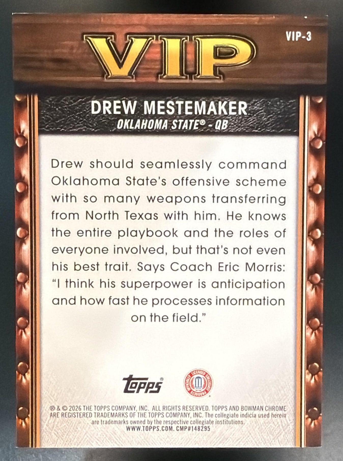 2026 Bowman Drew Mestemaker Chrome Very Important Prospects Gold Refractor /50 — back