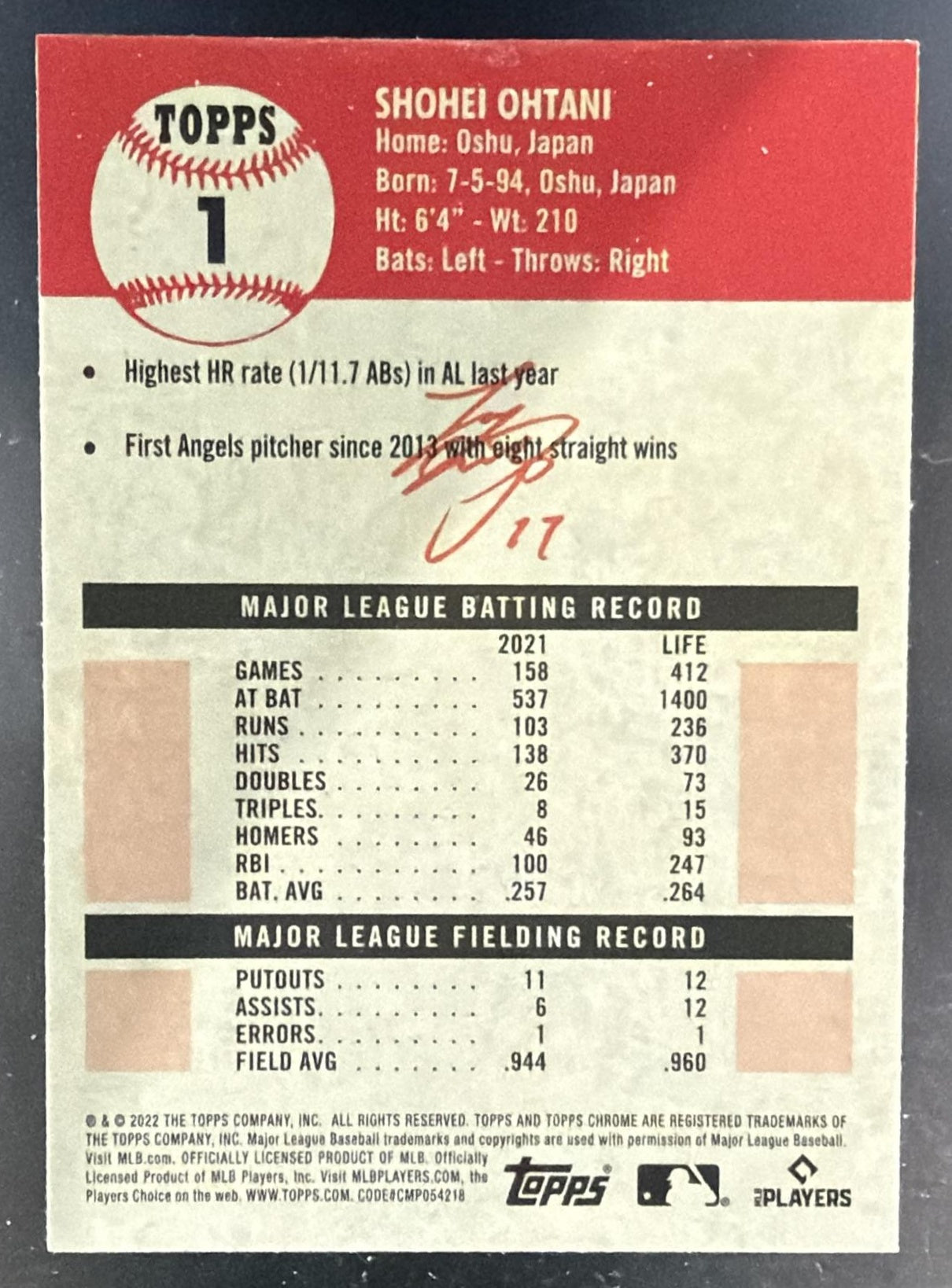 2022 Topps Chrome Platinum Anniversary Shohei Ohtani #1 Angels — back