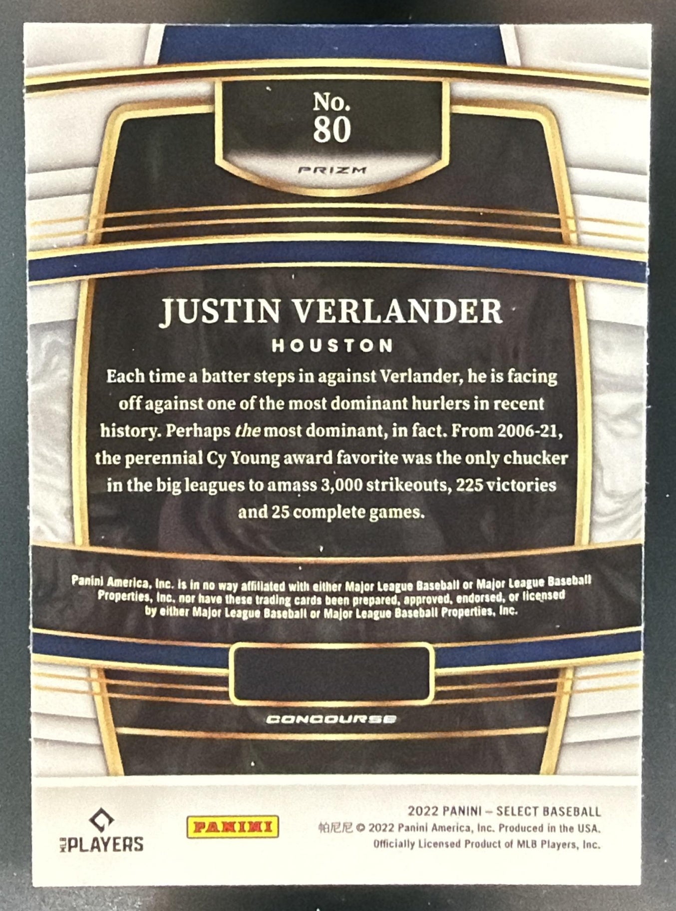 2022 Panini Select Justin Verlander #80 Zebra Astros — back