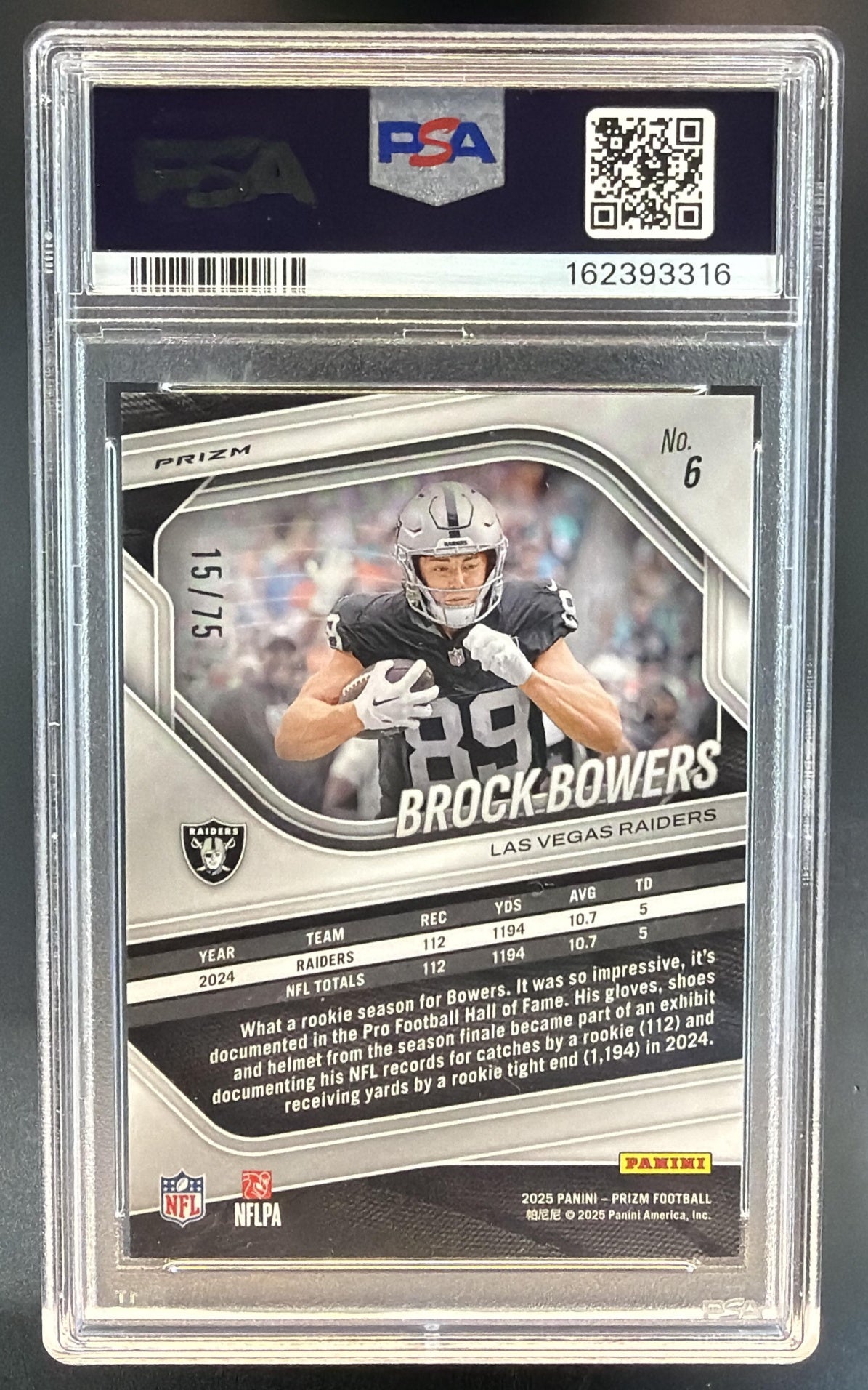 2025 Panini Prizm Brock Bowers #6 Green Scope 15/75 Raiders PSA 10 — back